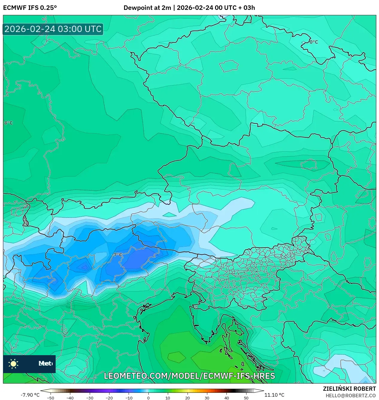 ECMWF IFS 0.25° model - Austria, Dewpoint at 2m