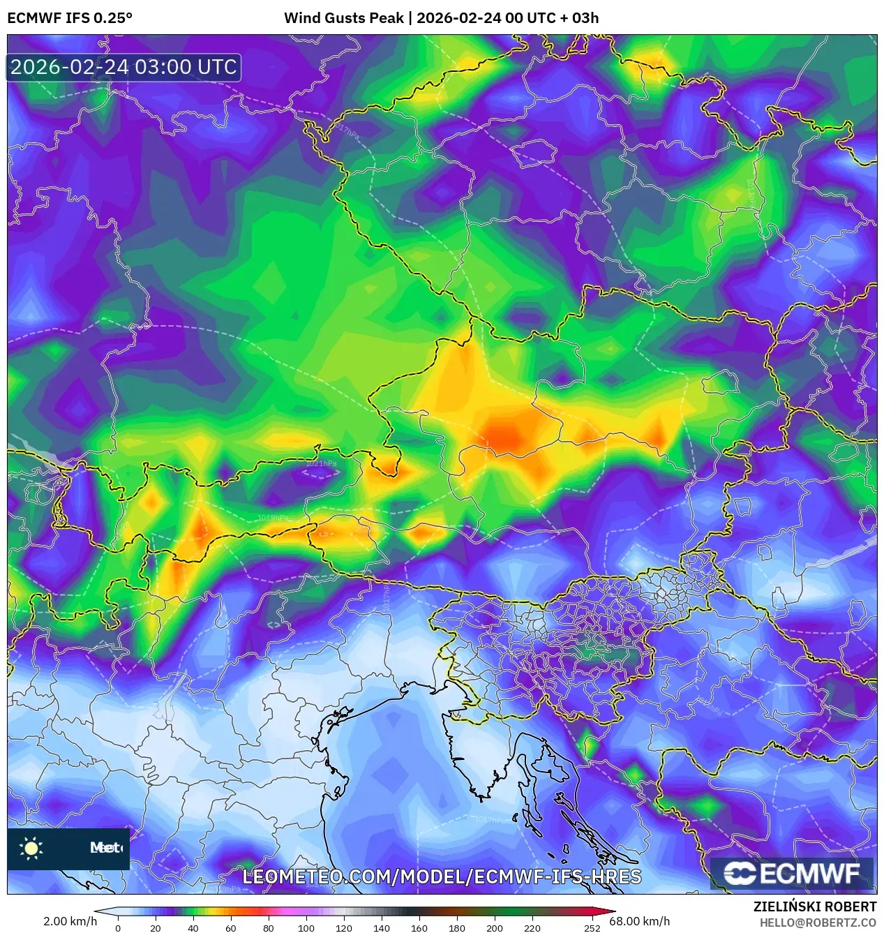 ECMWF IFS 0.25° model - Austria, Wind Gusts Peak