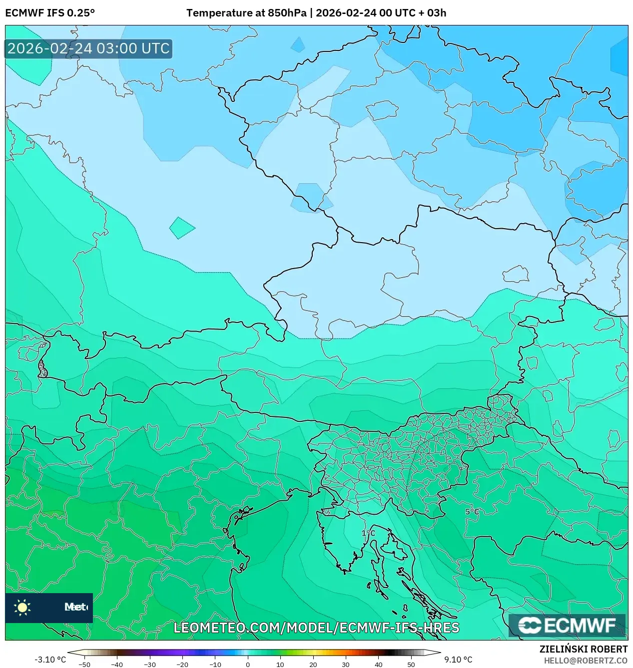 ECMWF IFS 0.25° model - Austria, Temperature at 850hPa
