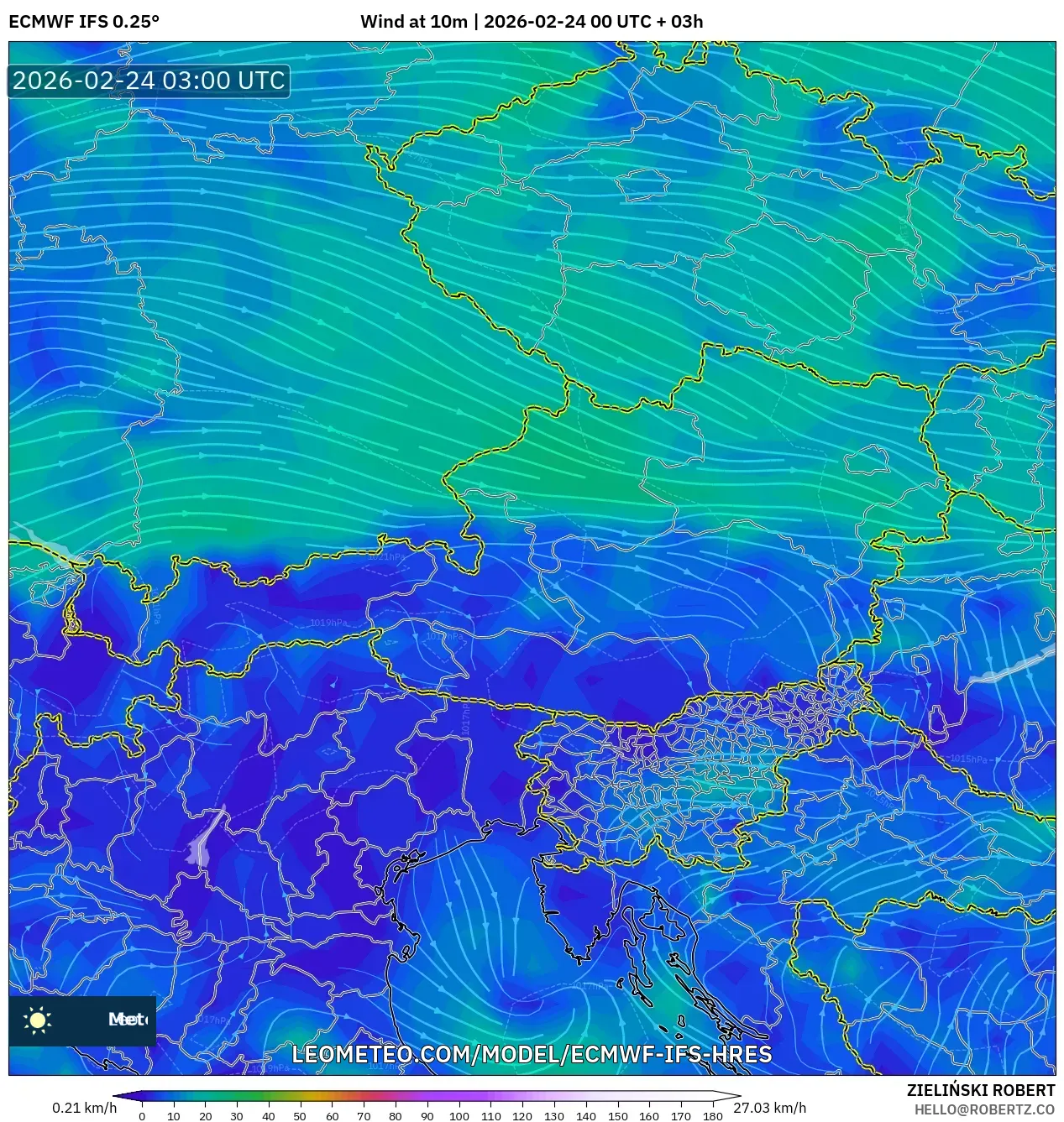 ECMWF IFS 0.25° model - Austria, Wind at 10m