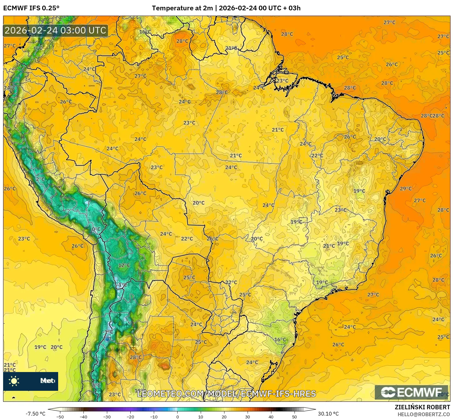 ECMWF IFS 0.25° model - Brazil, Temperature at 2m