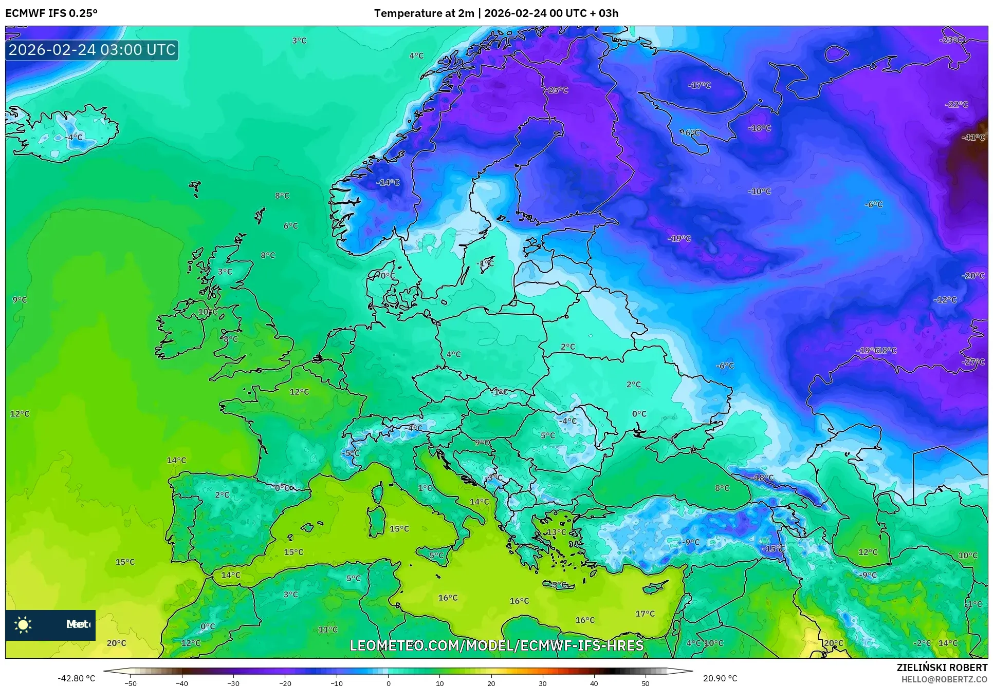 ECMWF IFS 0.25° model - Europe, Temperature at 2m