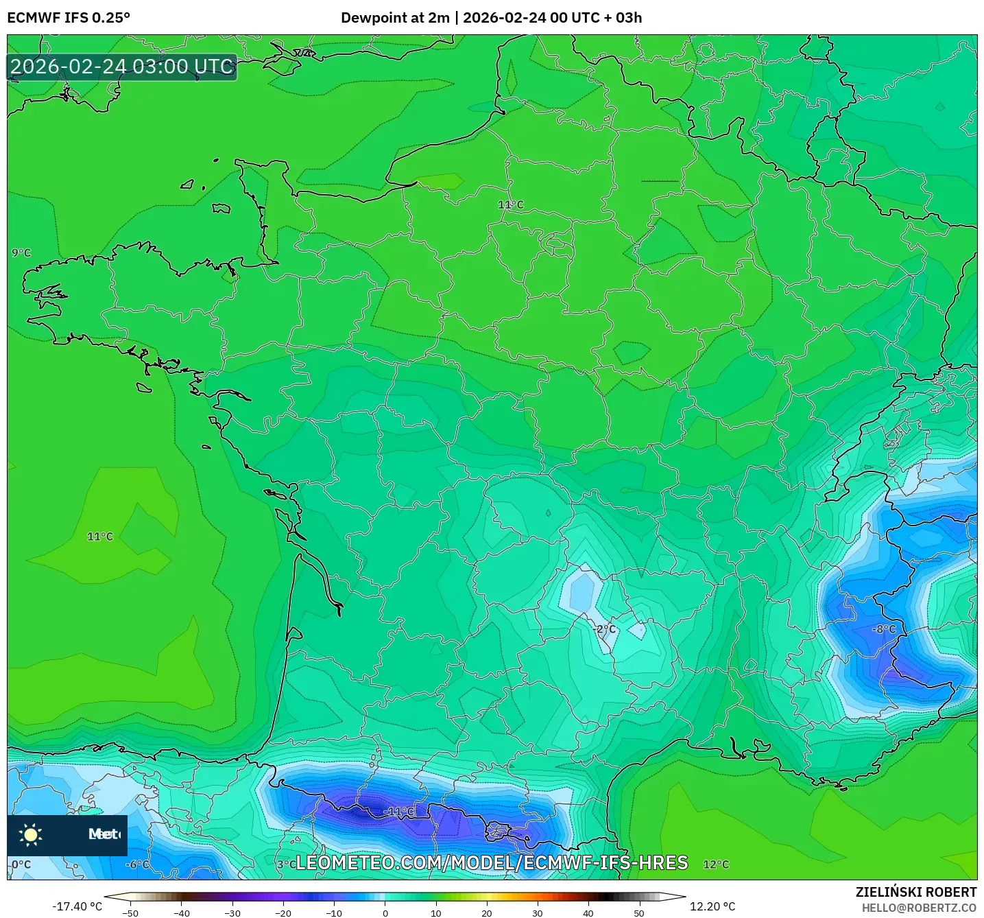 ECMWF IFS 0.25° model - France, Dewpoint at 2m