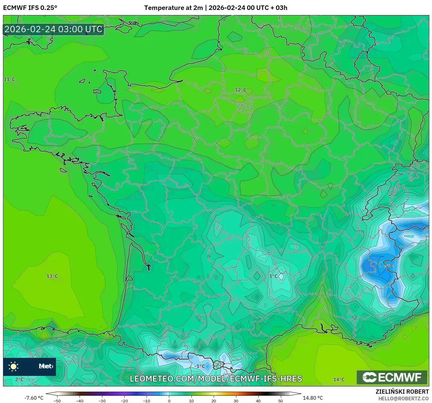 ECMWF IFS 0.25° model - France, Temperature at 2m