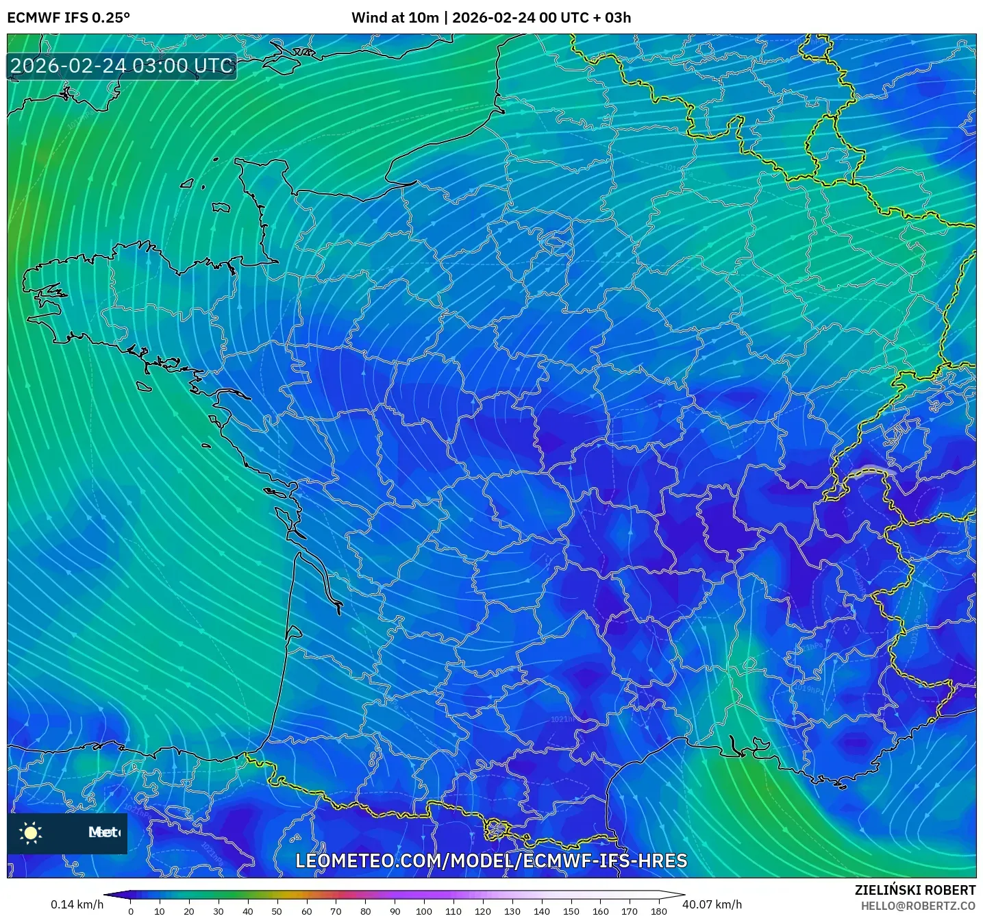 ECMWF IFS 0.25° model - France, Wind at 10m