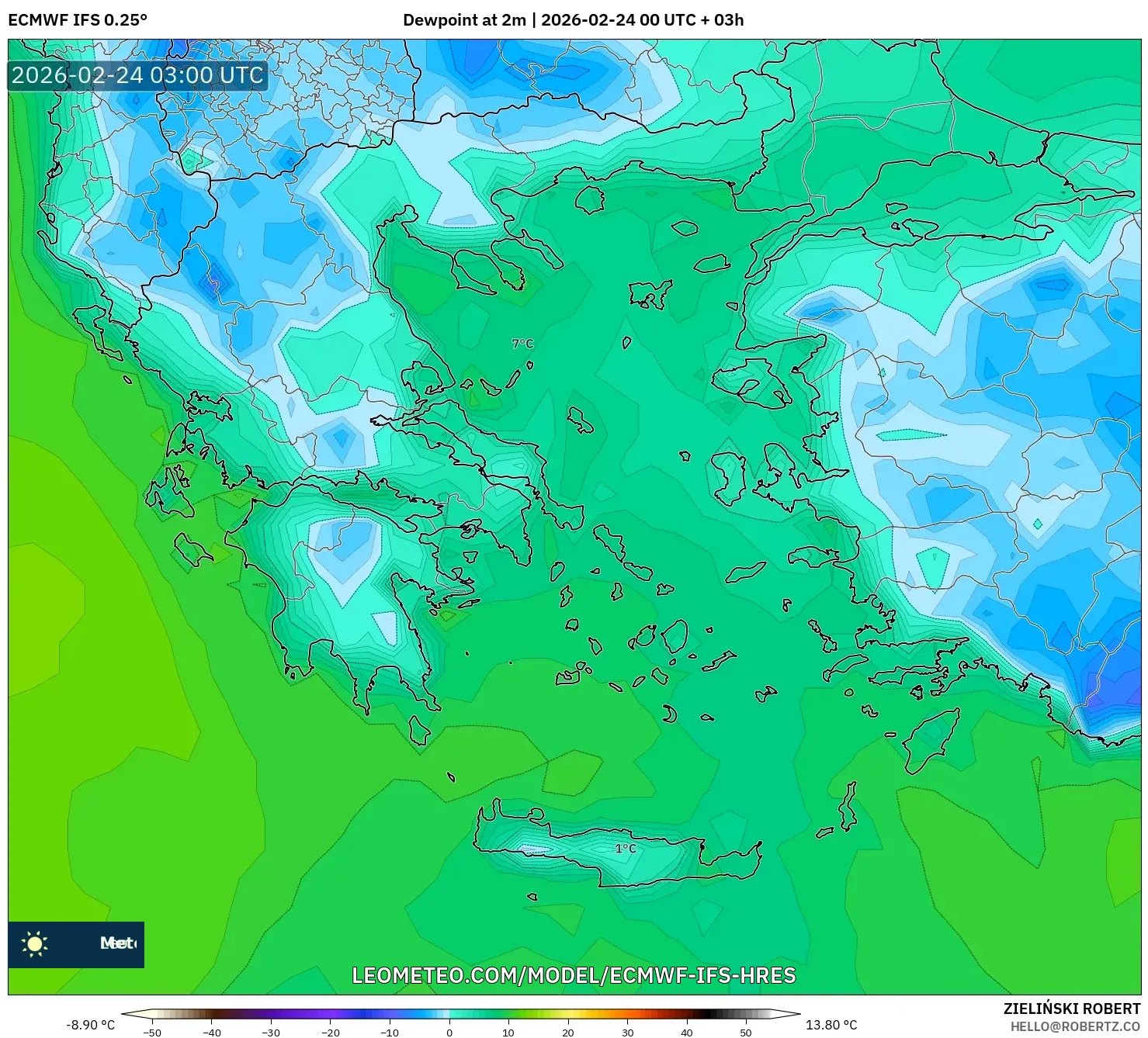 ECMWF IFS 0.25° model - Greece, Dewpoint at 2m