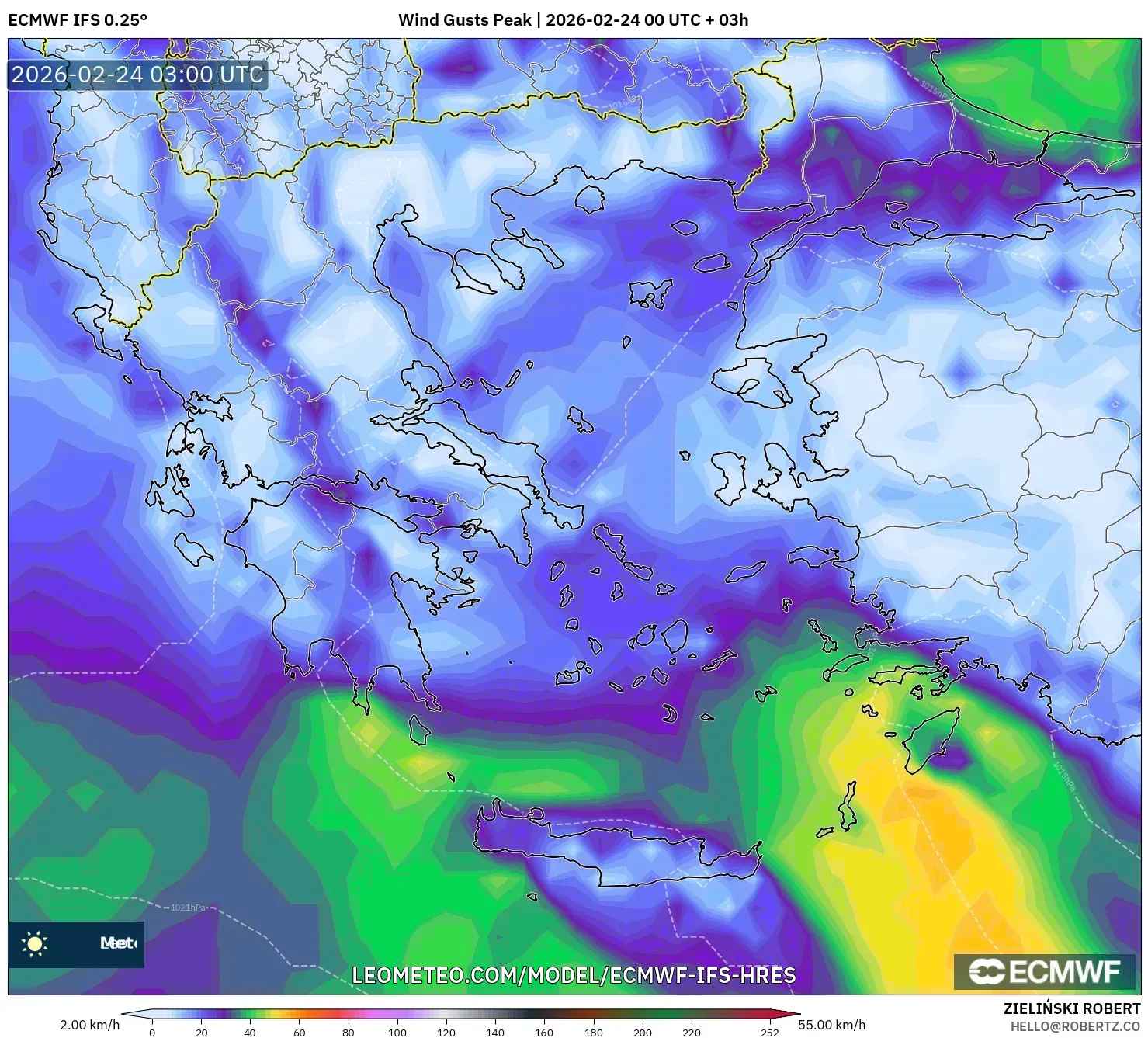 ECMWF IFS 0.25° model - Greece, Wind Gusts Peak