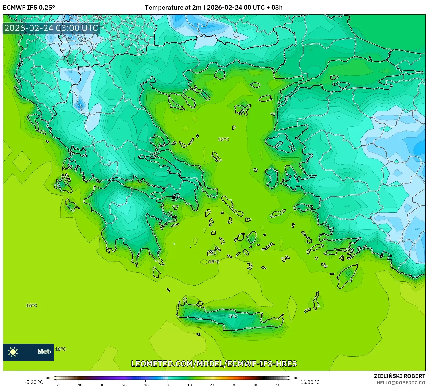 ECMWF IFS 0.25° model - Greece, Temperature at 2m