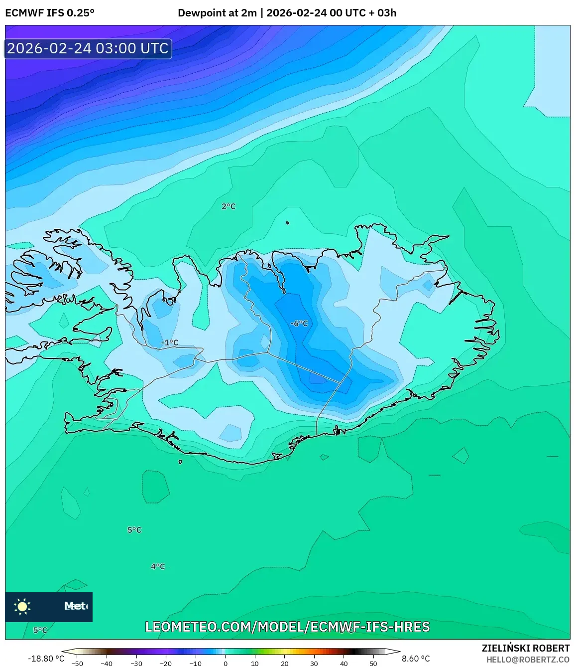ECMWF IFS 0.25° model - Iceland, Dewpoint at 2m