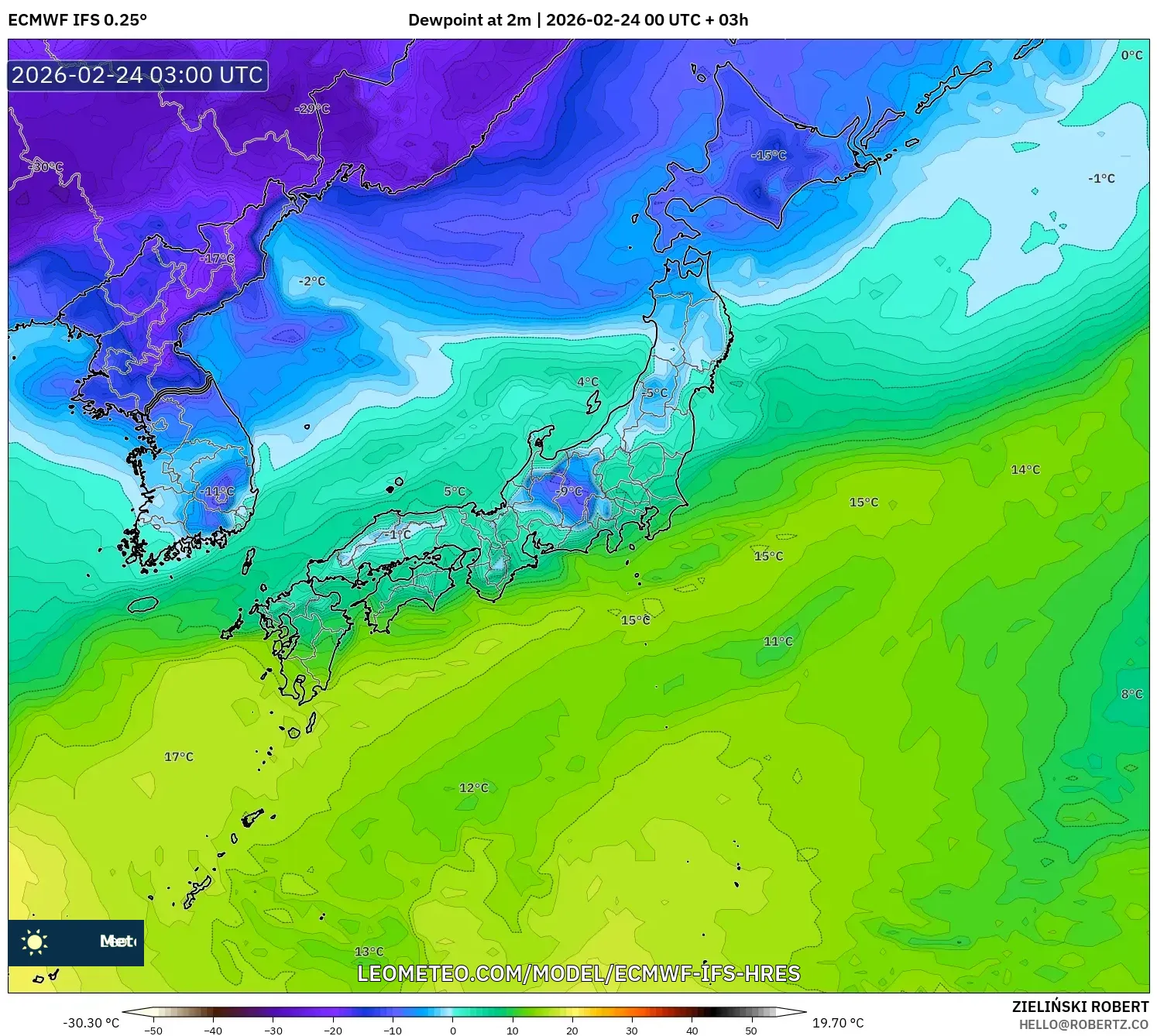 ECMWF IFS 0.25° model - Japan, Dewpoint at 2m