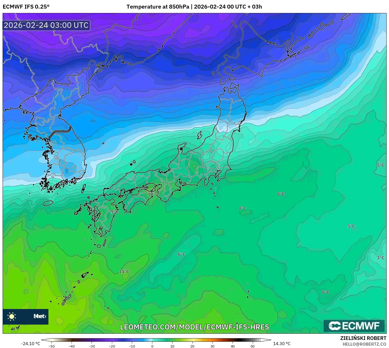 ECMWF IFS 0.25° model - Japan, Temperature at 850hPa