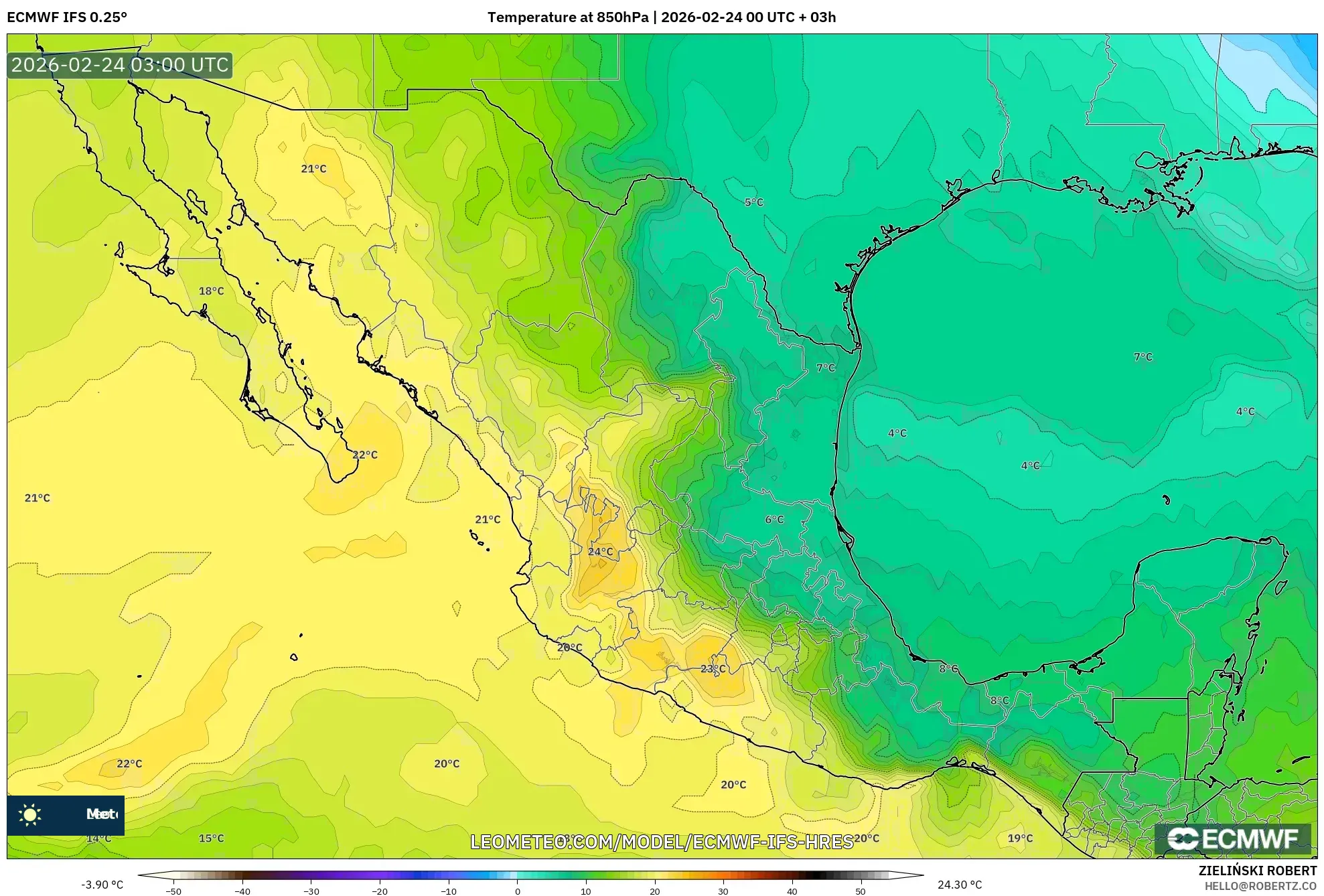 ECMWF IFS 0.25° model - Mexico, Temperature at 850hPa