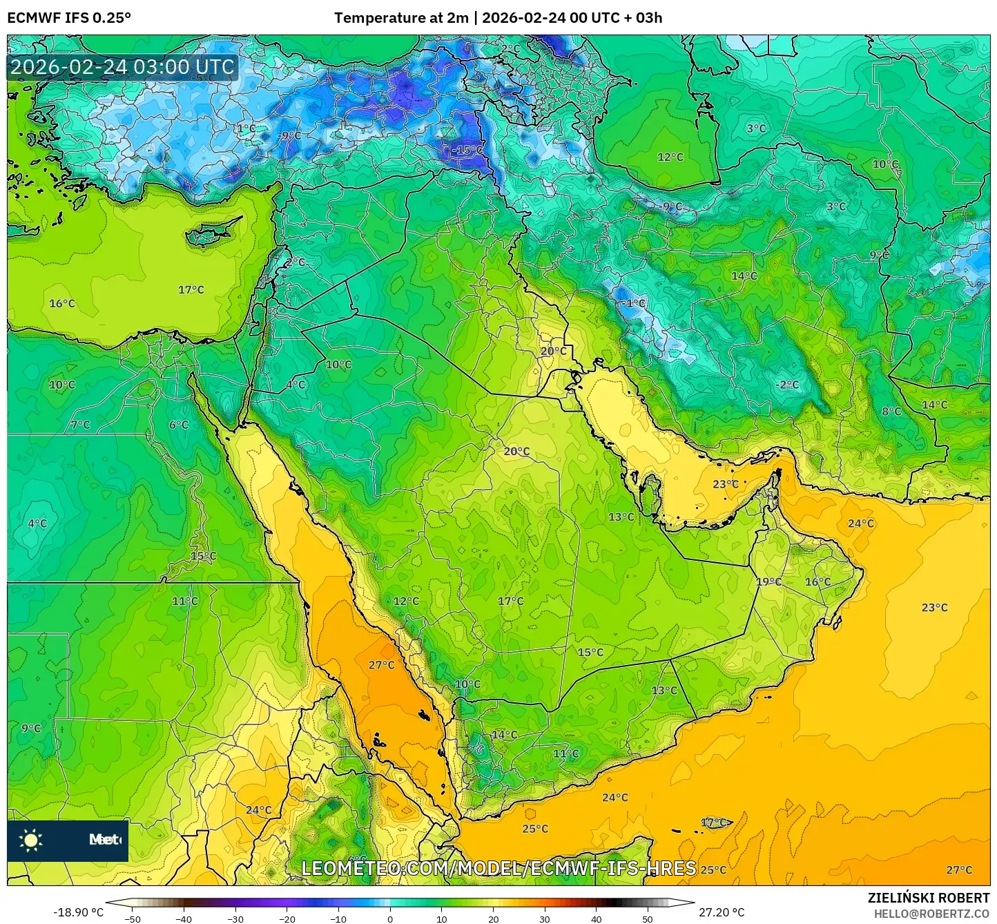 ECMWF IFS 0.25° model - Middle East, Temperature at 2m