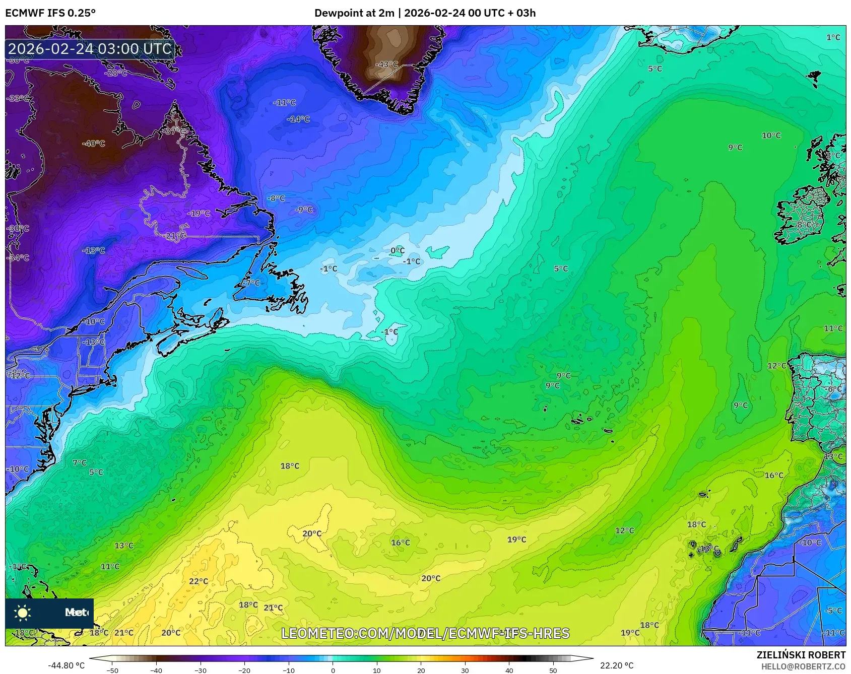 ECMWF IFS 0.25° model - North Atlantic, Dewpoint at 2m