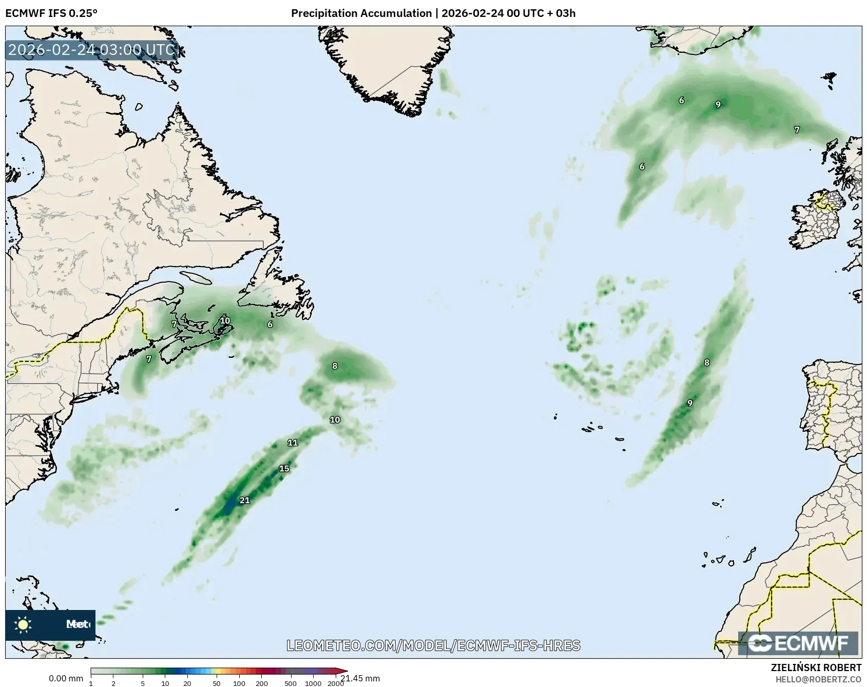 ECMWF IFS 0.25° model - North Atlantic, Precipitation Accumulation