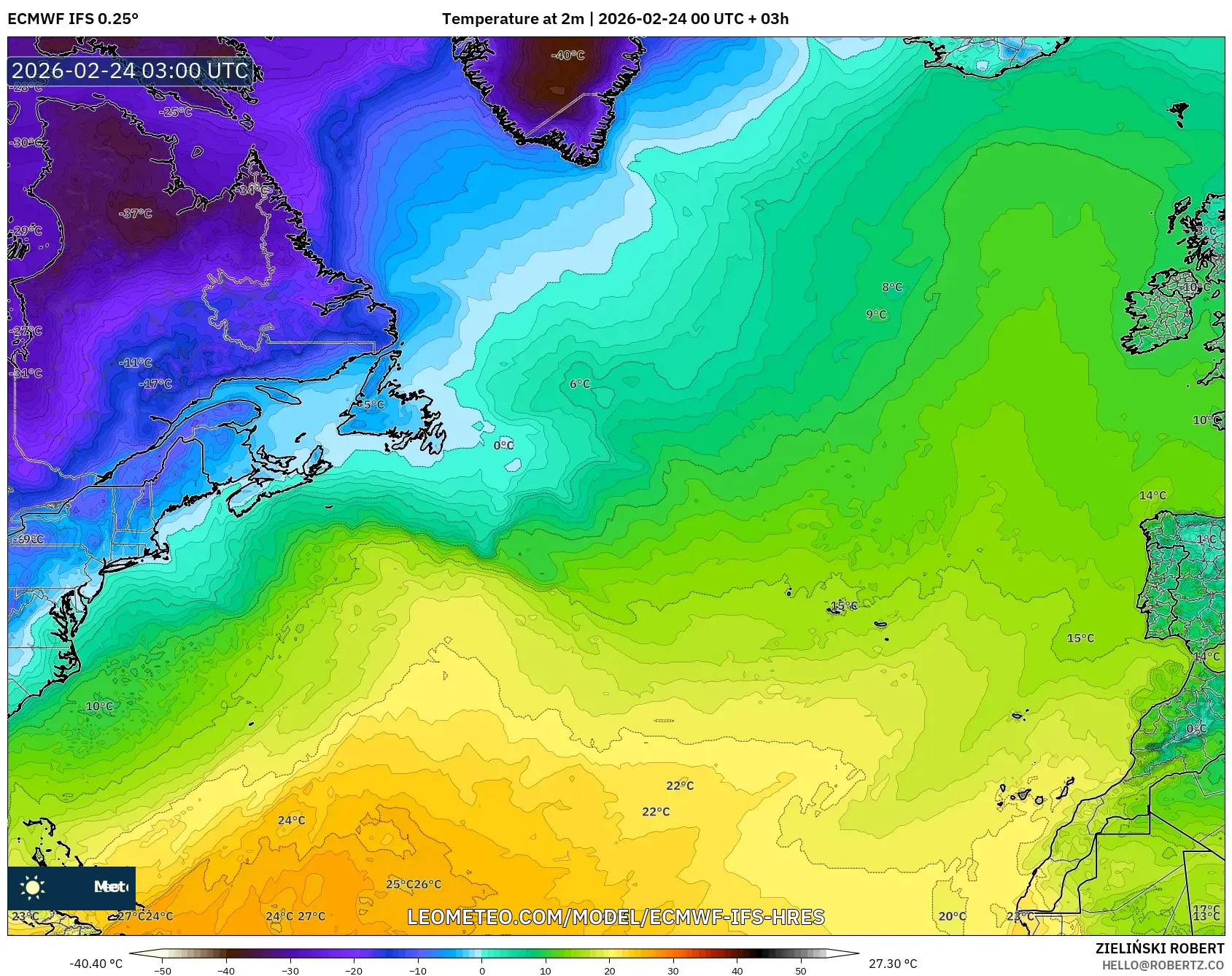 ECMWF IFS 0.25° model - North Atlantic, Temperature at 2m