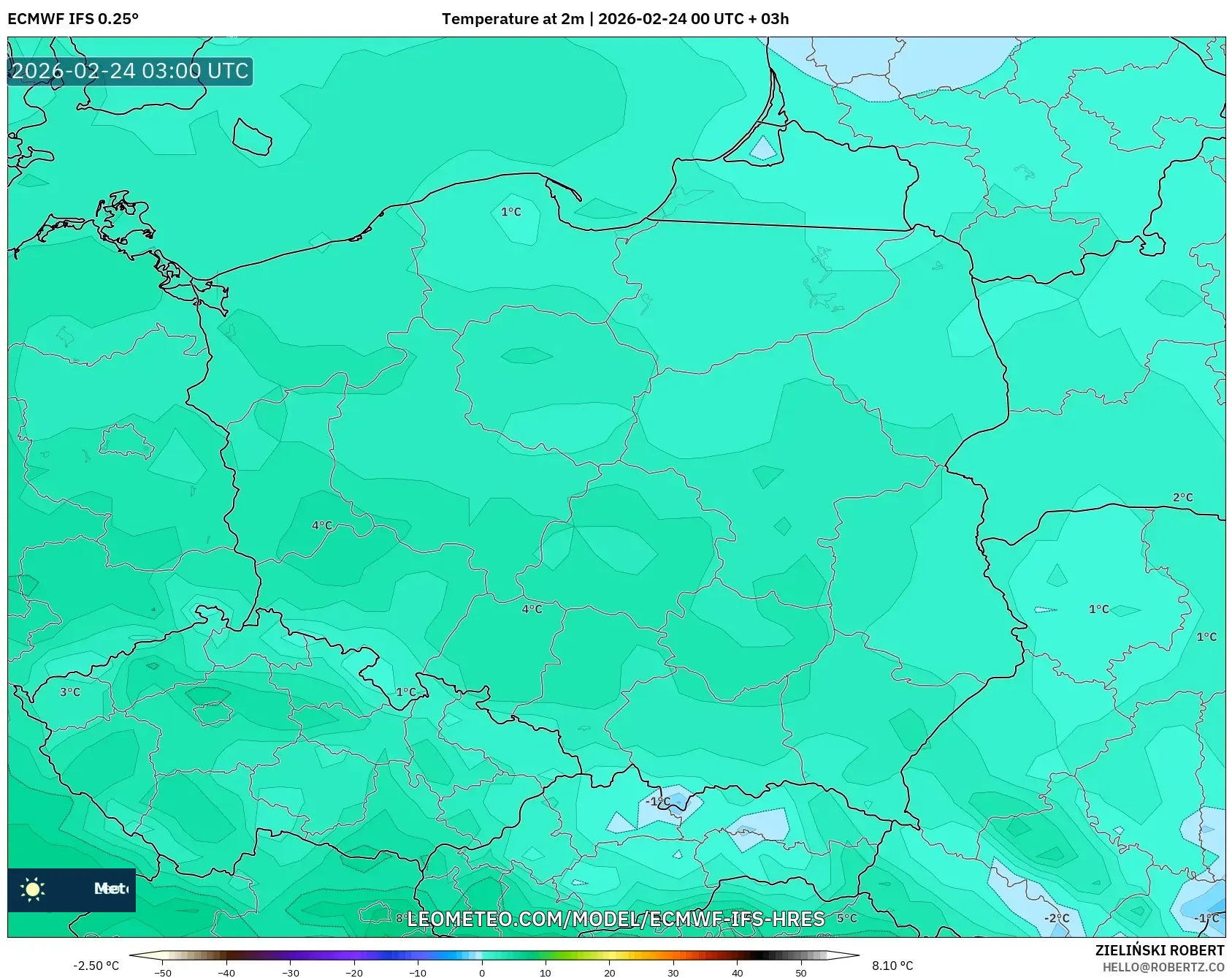 ECMWF IFS 0.25° model - Poland, Temperature at 2m