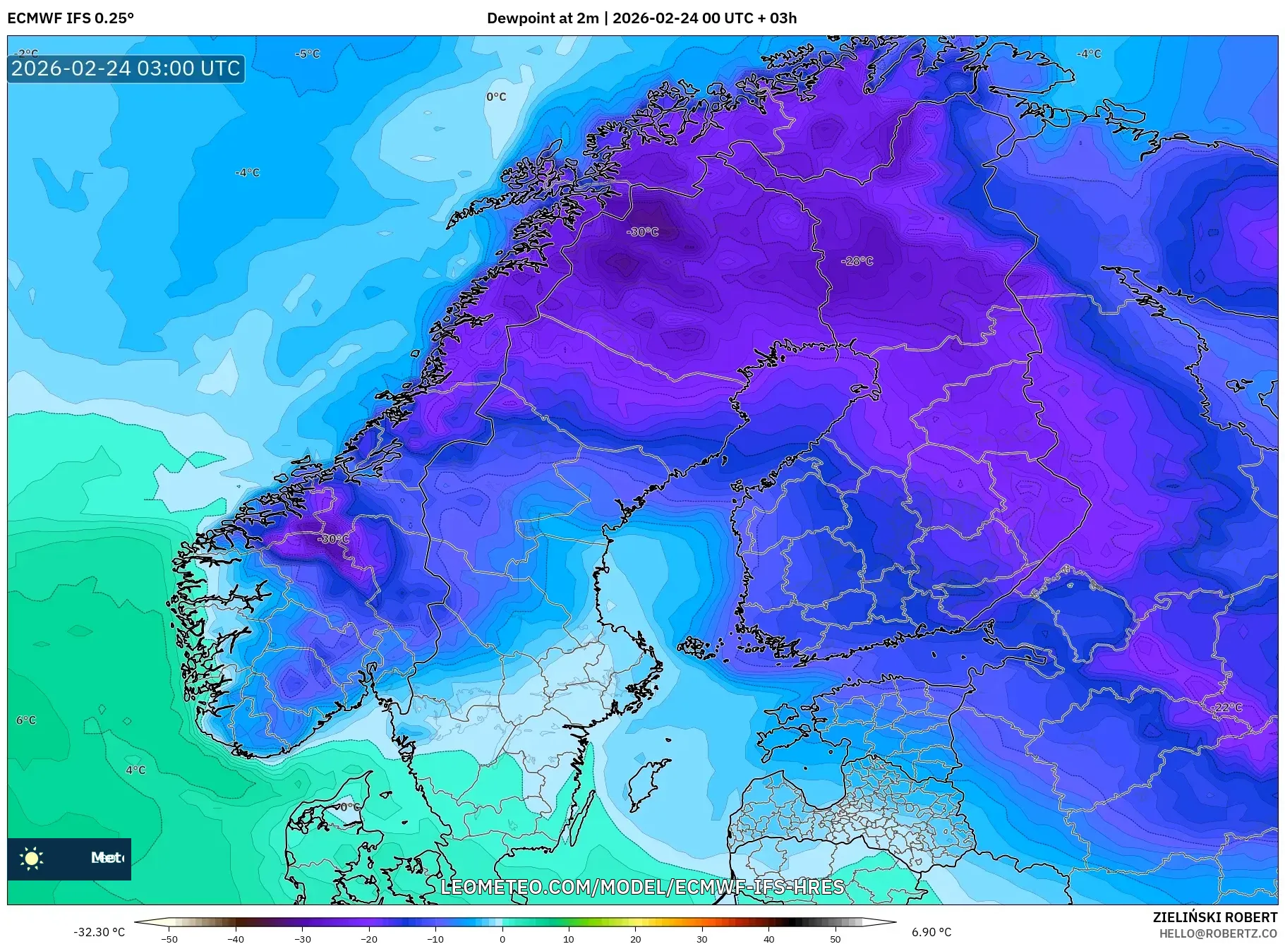 ECMWF IFS 0.25° model - Scandinavia, Dewpoint at 2m