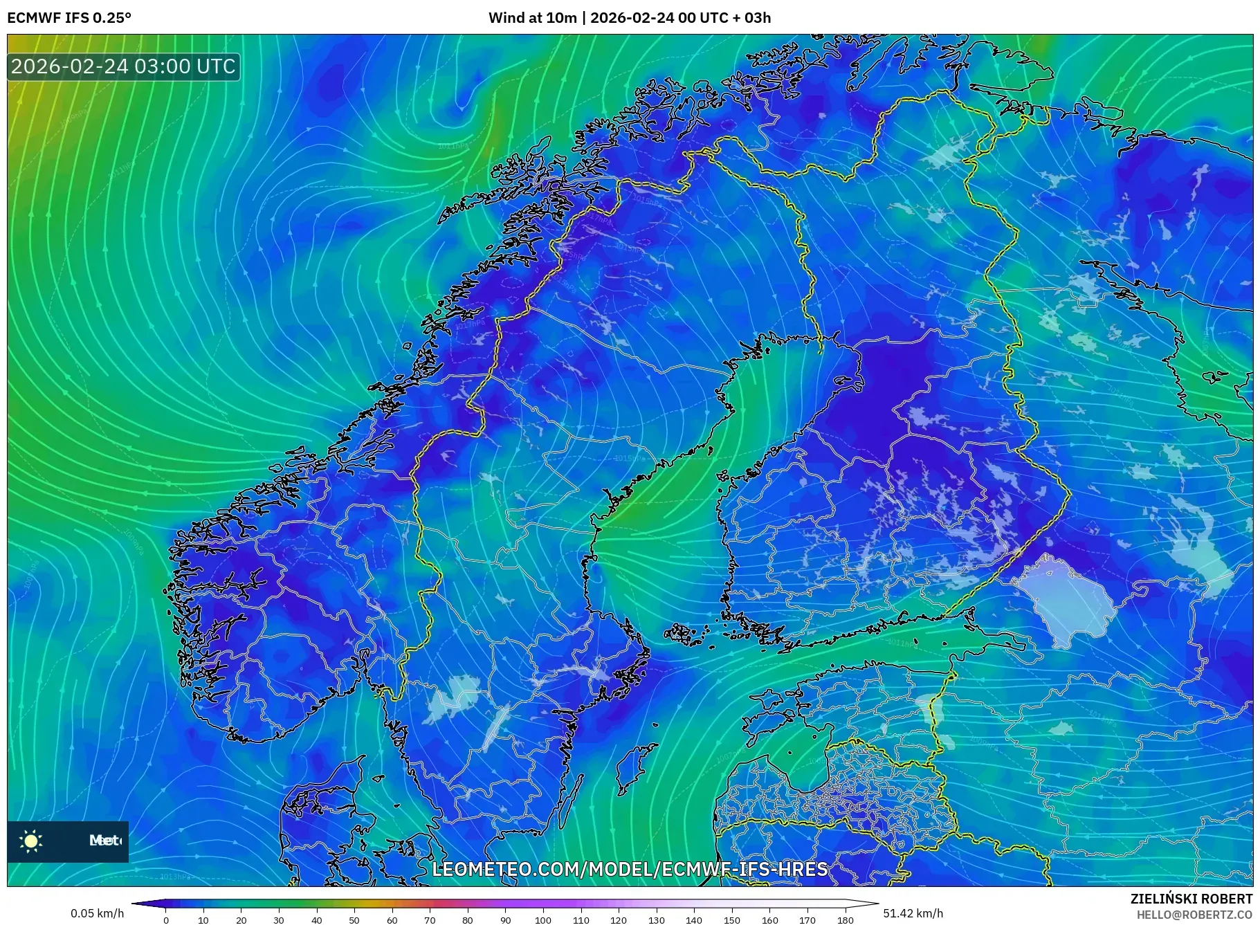 ECMWF IFS 0.25° model - Scandinavia, Wind at 10m