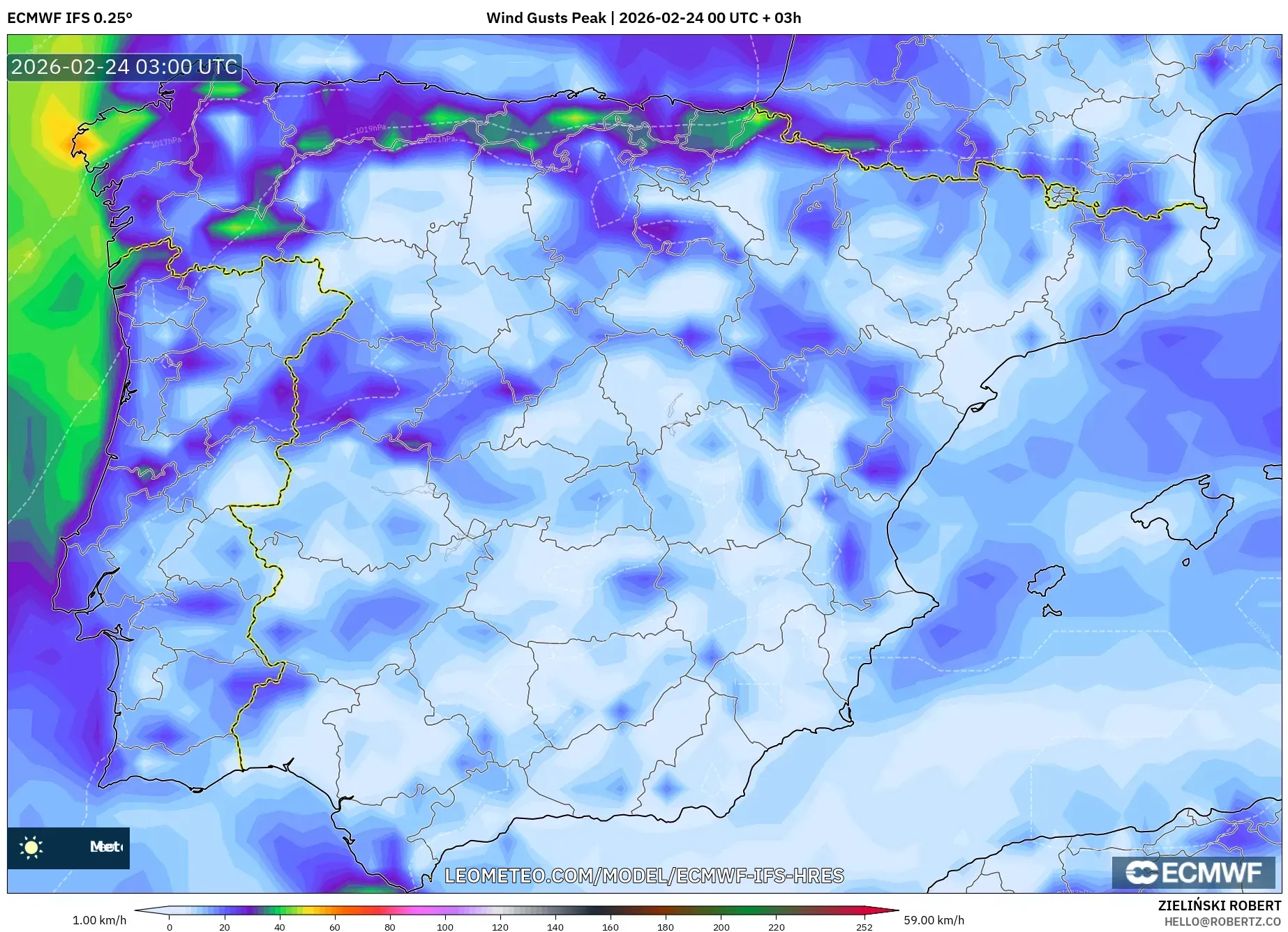 ECMWF IFS 0.25° model - Spain, Wind Gusts Peak