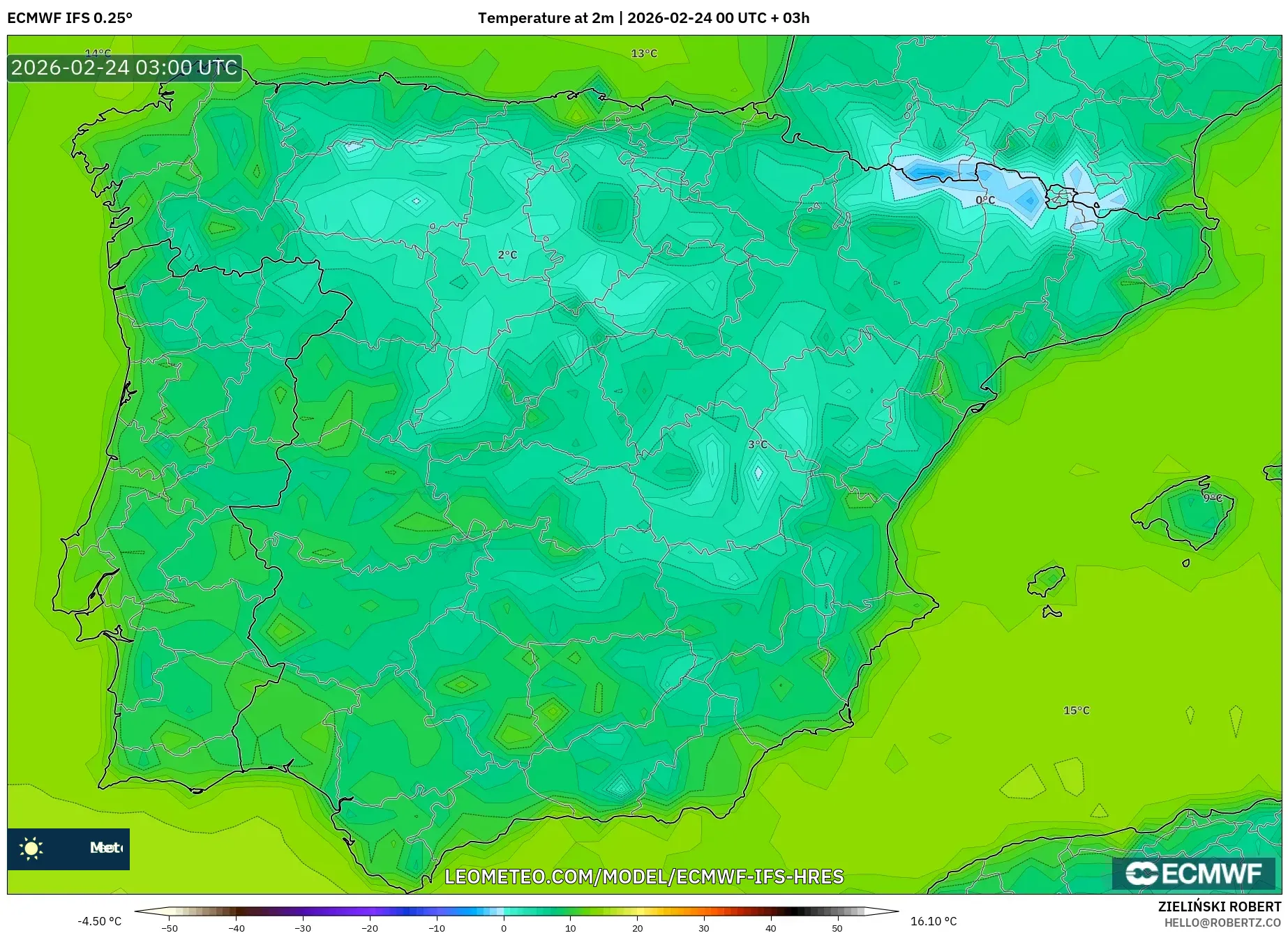 ECMWF IFS 0.25° model - Spain, Temperature at 2m
