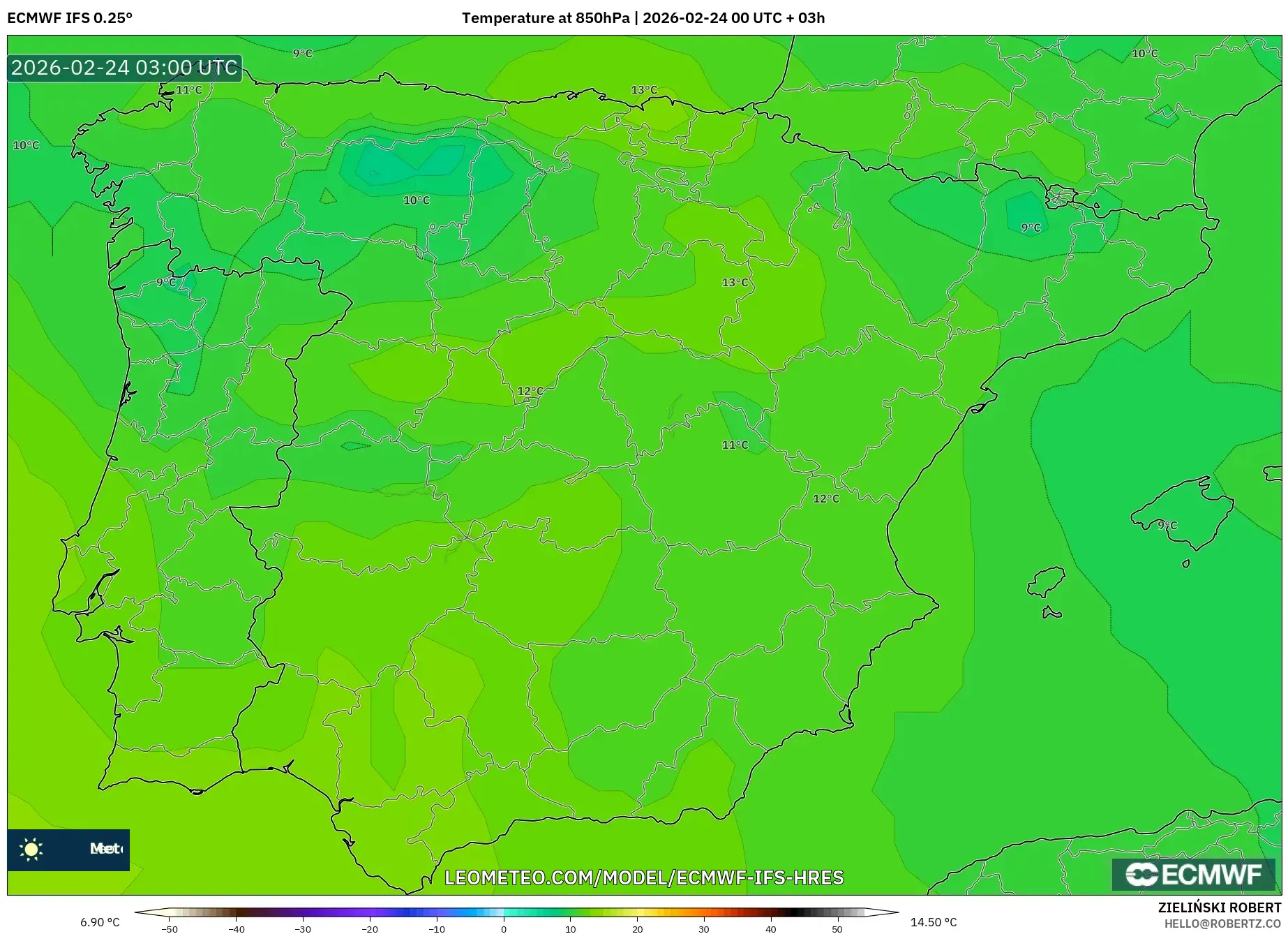 ECMWF IFS 0.25° model - Spain, Temperature at 850hPa
