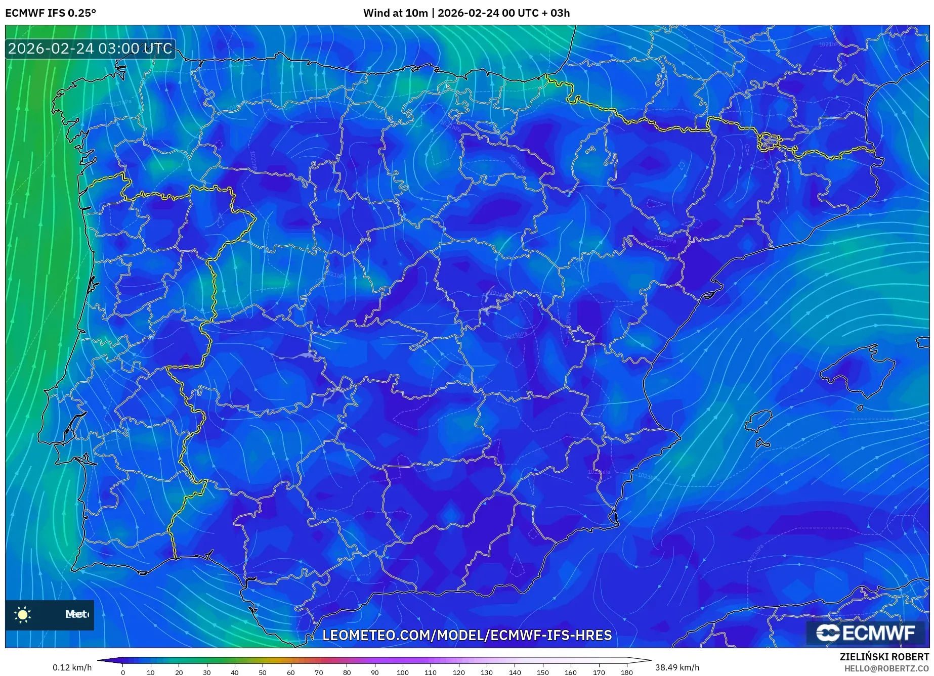 ECMWF IFS 0.25° model - Spain, Wind at 10m