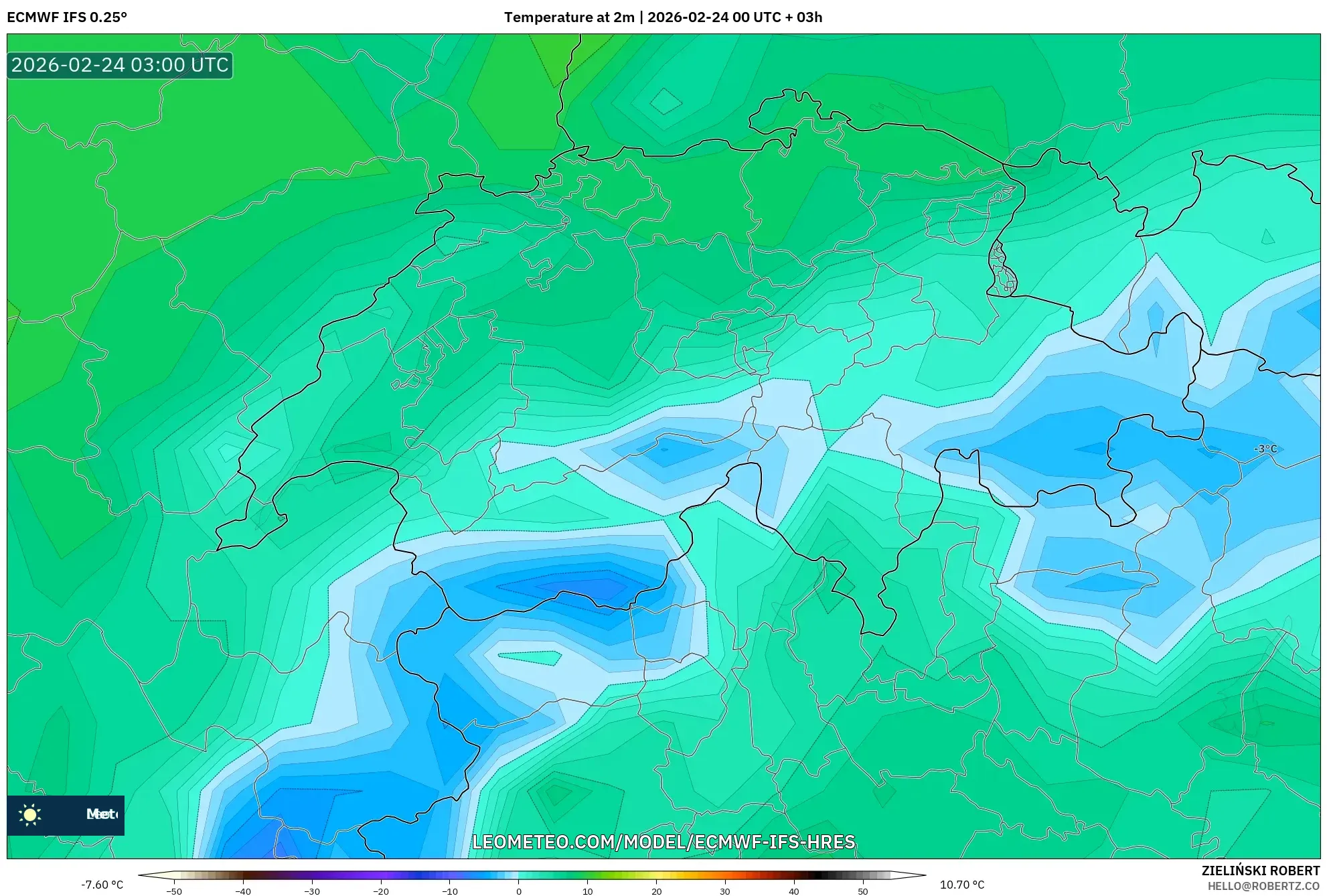 ECMWF IFS 0.25° model - Switzerland, Temperature at 2m