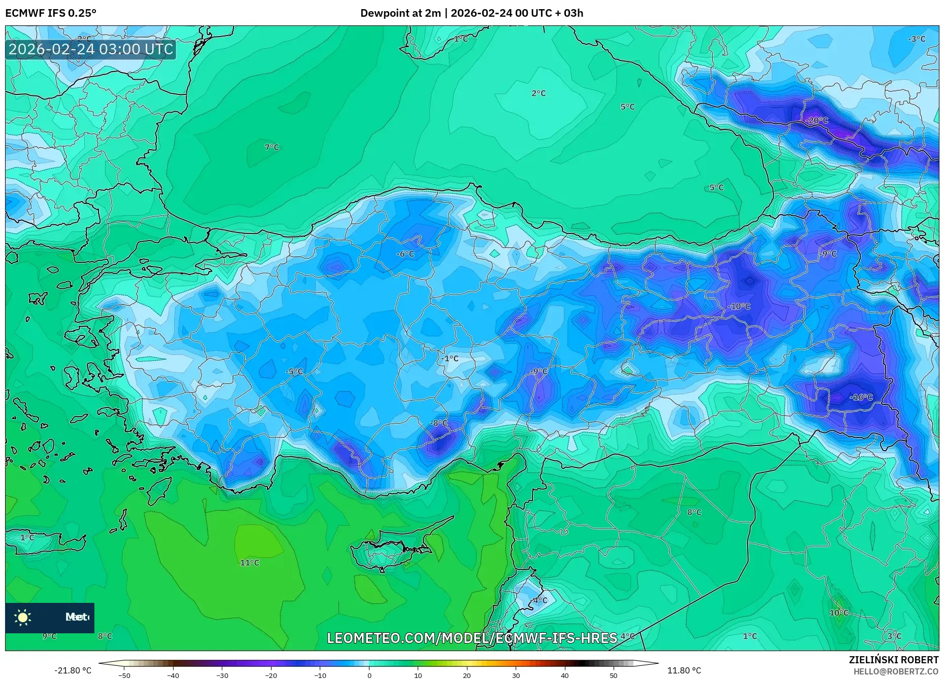 ECMWF IFS 0.25° model - Turkey, Dewpoint at 2m