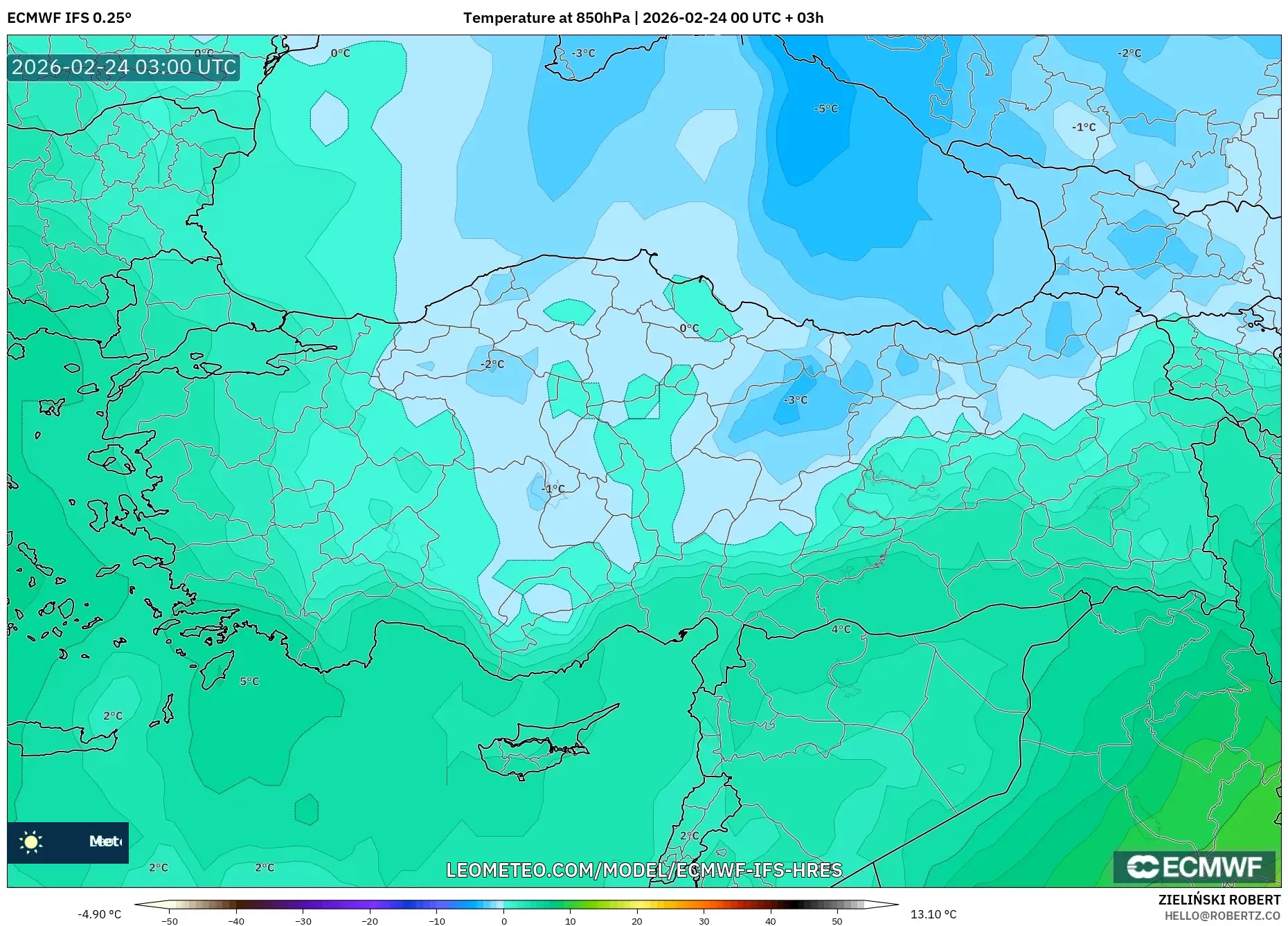 ECMWF IFS 0.25° model - Turkey, Temperature at 850hPa