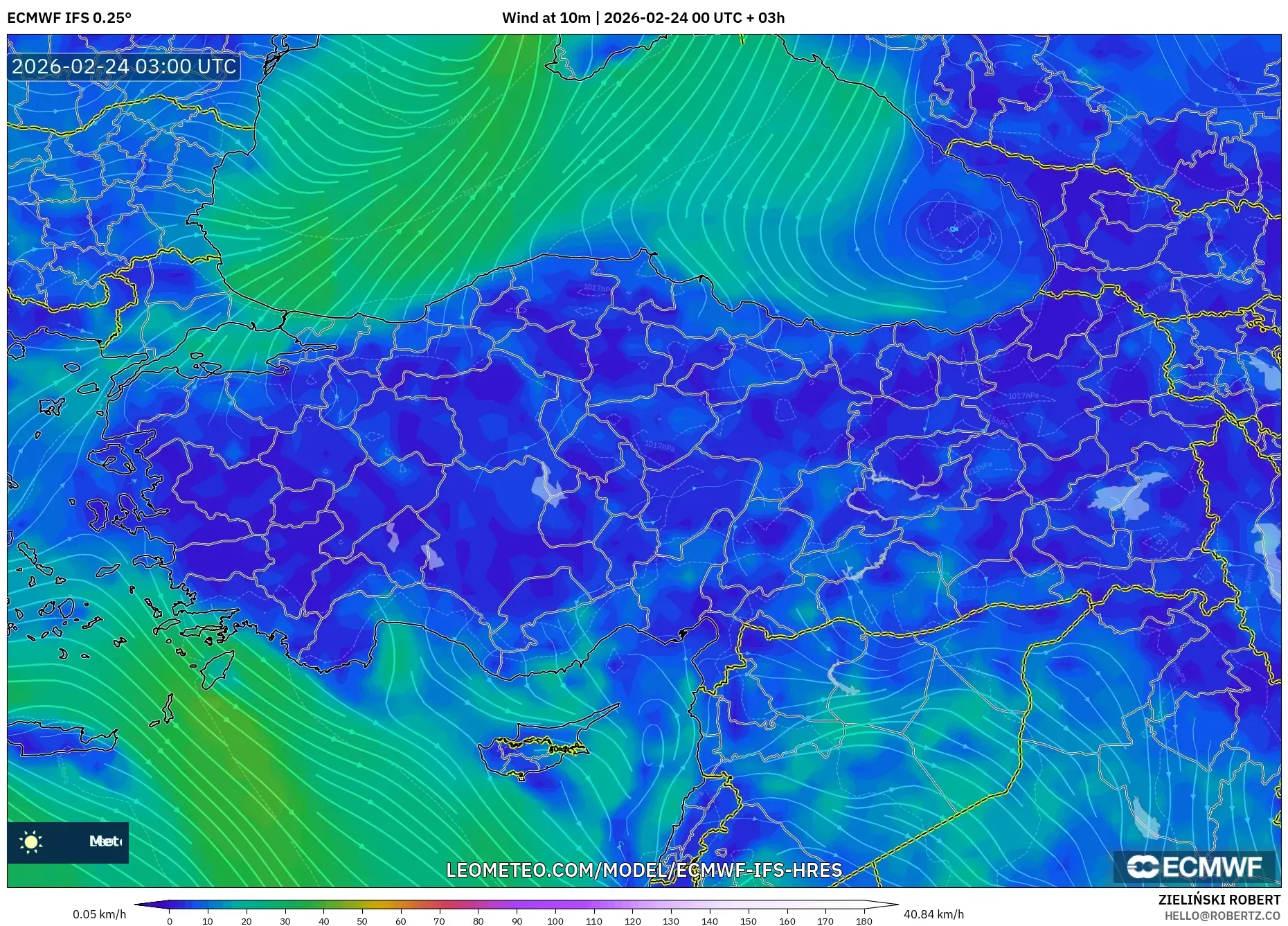 ECMWF IFS 0.25° model - Turkey, Wind at 10m