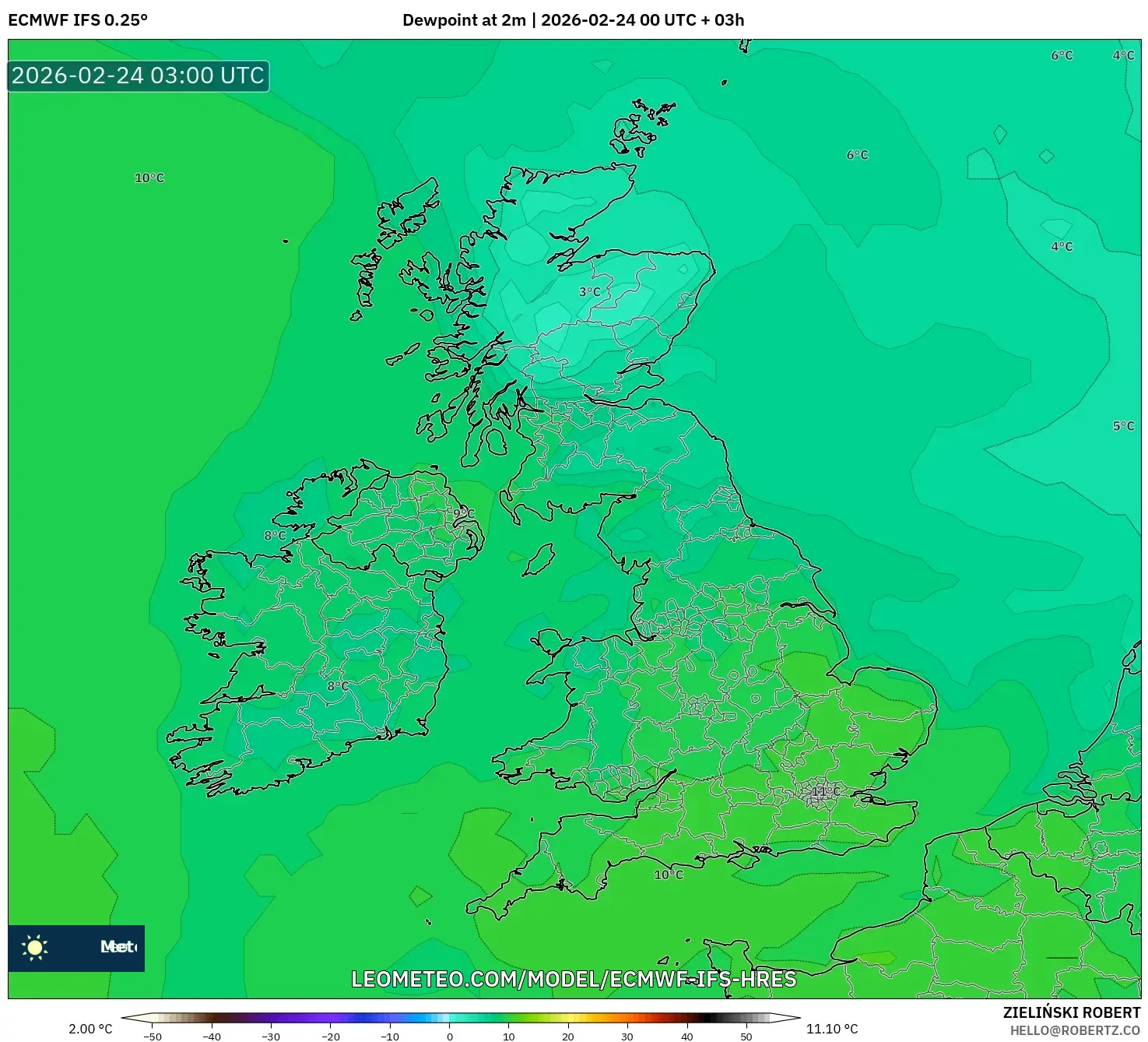 ECMWF IFS 0.25° model - United Kingdom, Dewpoint at 2m