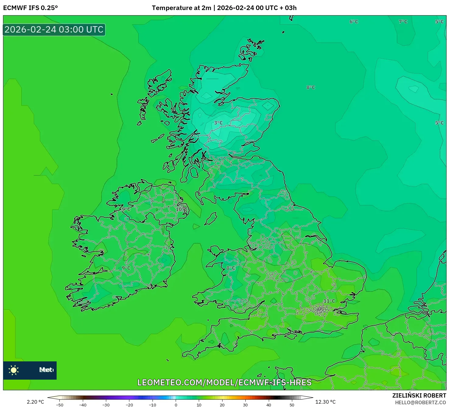 ECMWF IFS 0.25° model - United Kingdom, Temperature at 2m