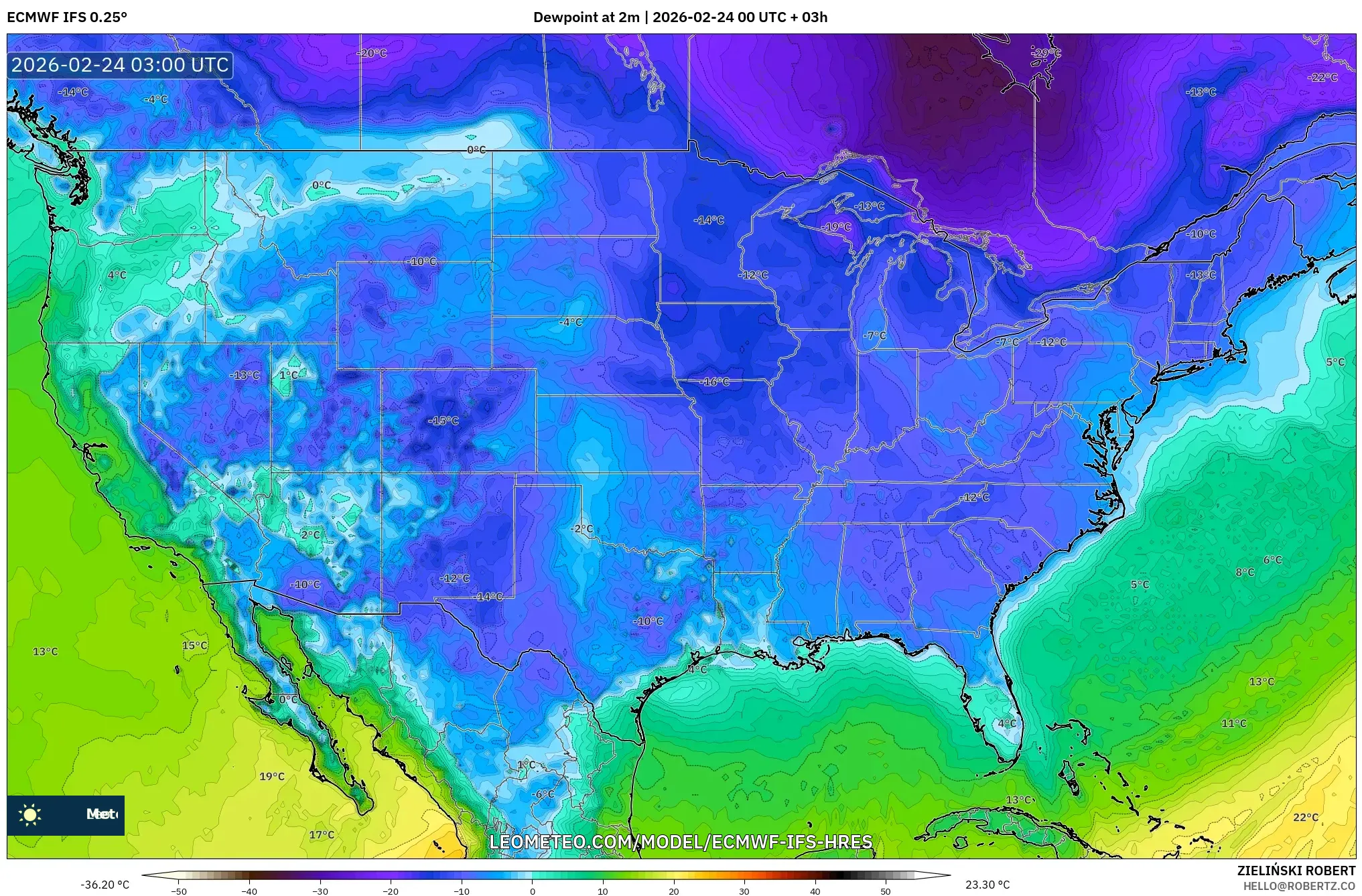 ECMWF IFS 0.25° model - United States, Dewpoint at 2m