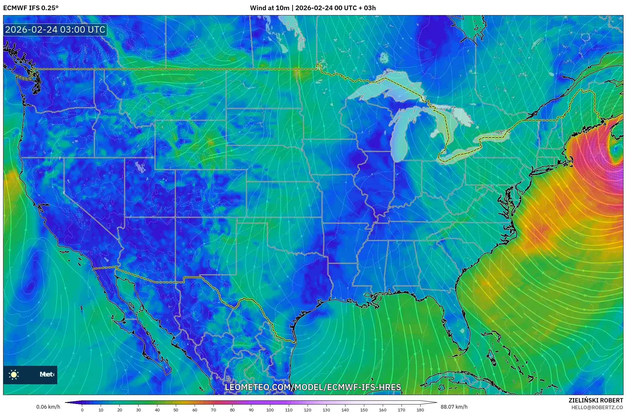 ECMWF IFS 0.25° model - United States, Wind at 10m