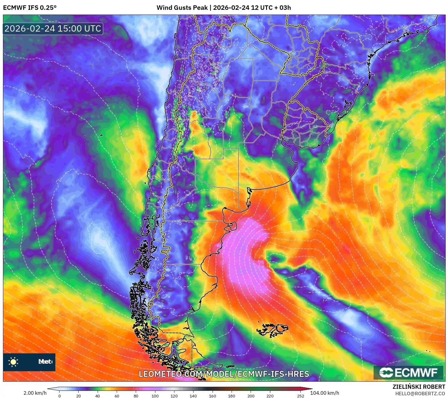 ECMWF IFS 0.25° model - Argentina, Wind Gusts Peak