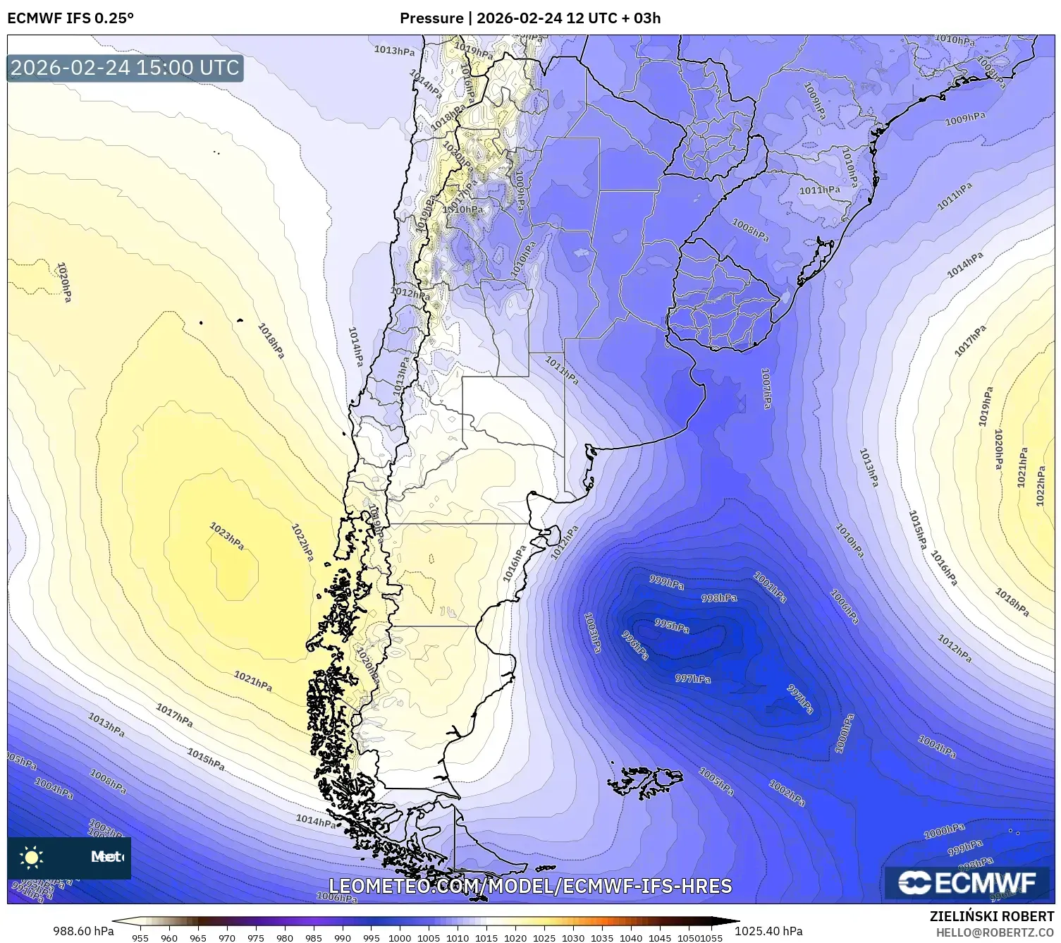 ECMWF IFS 0.25° model - Argentina, Pressure