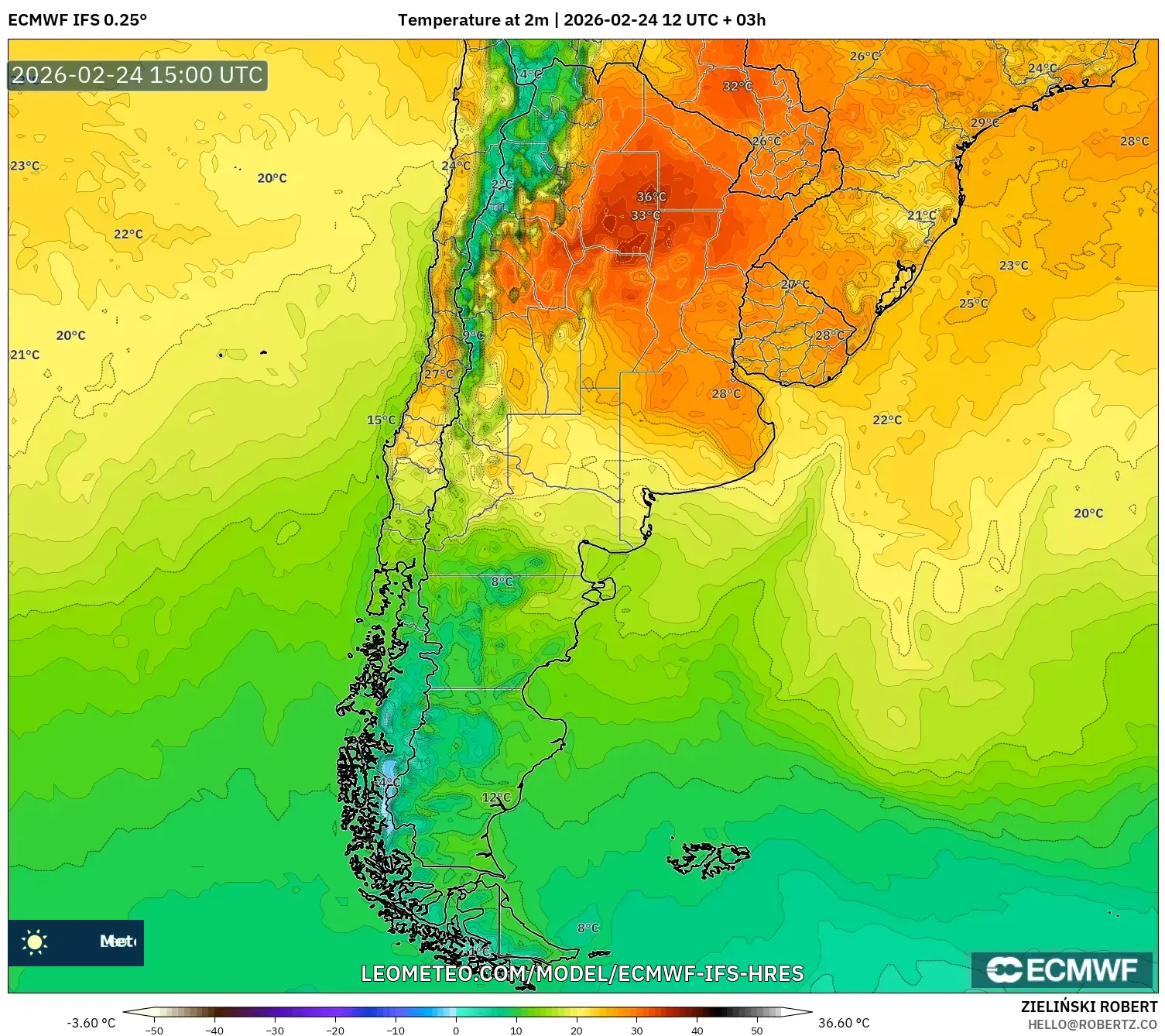 ECMWF IFS 0.25° model - Argentina, Temperature at 2m