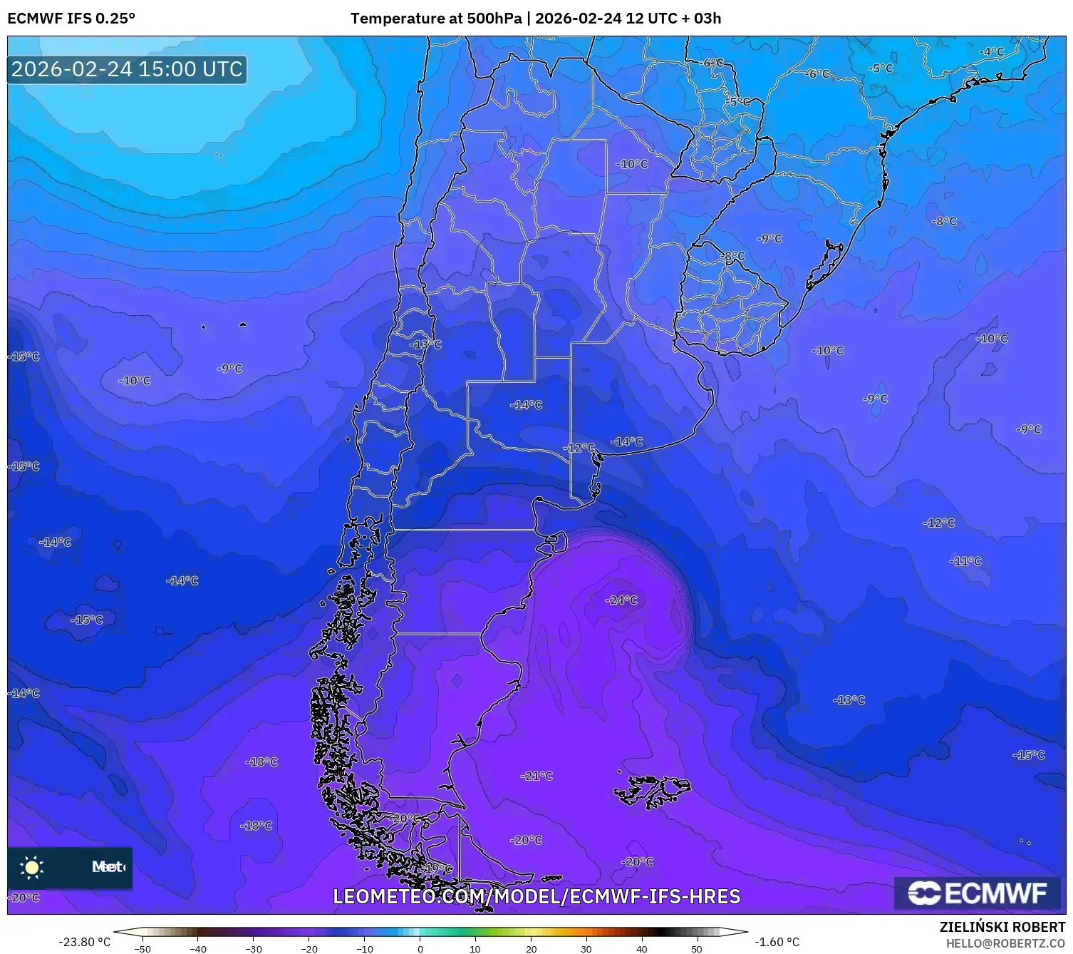 ECMWF IFS 0.25° model - Argentina, Temperature at 500hPa