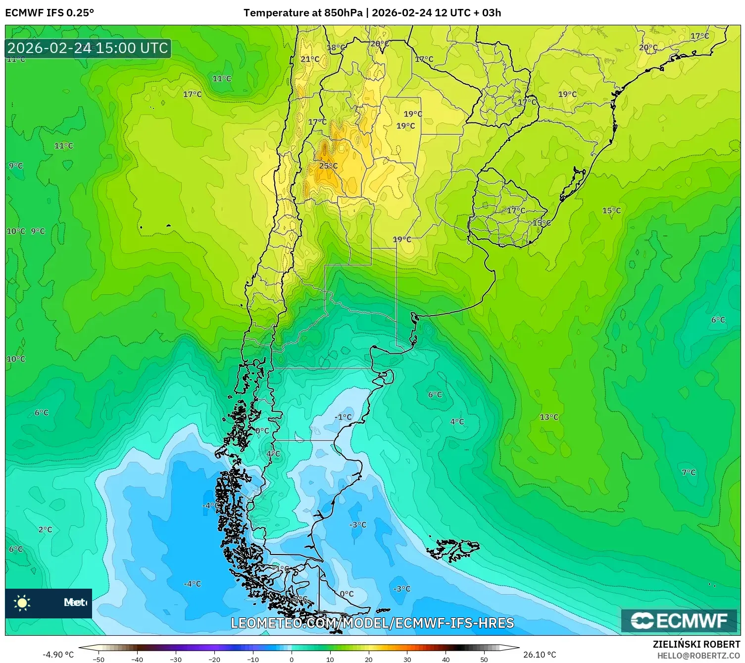 ECMWF IFS 0.25° model - Argentina, Temperature at 850hPa
