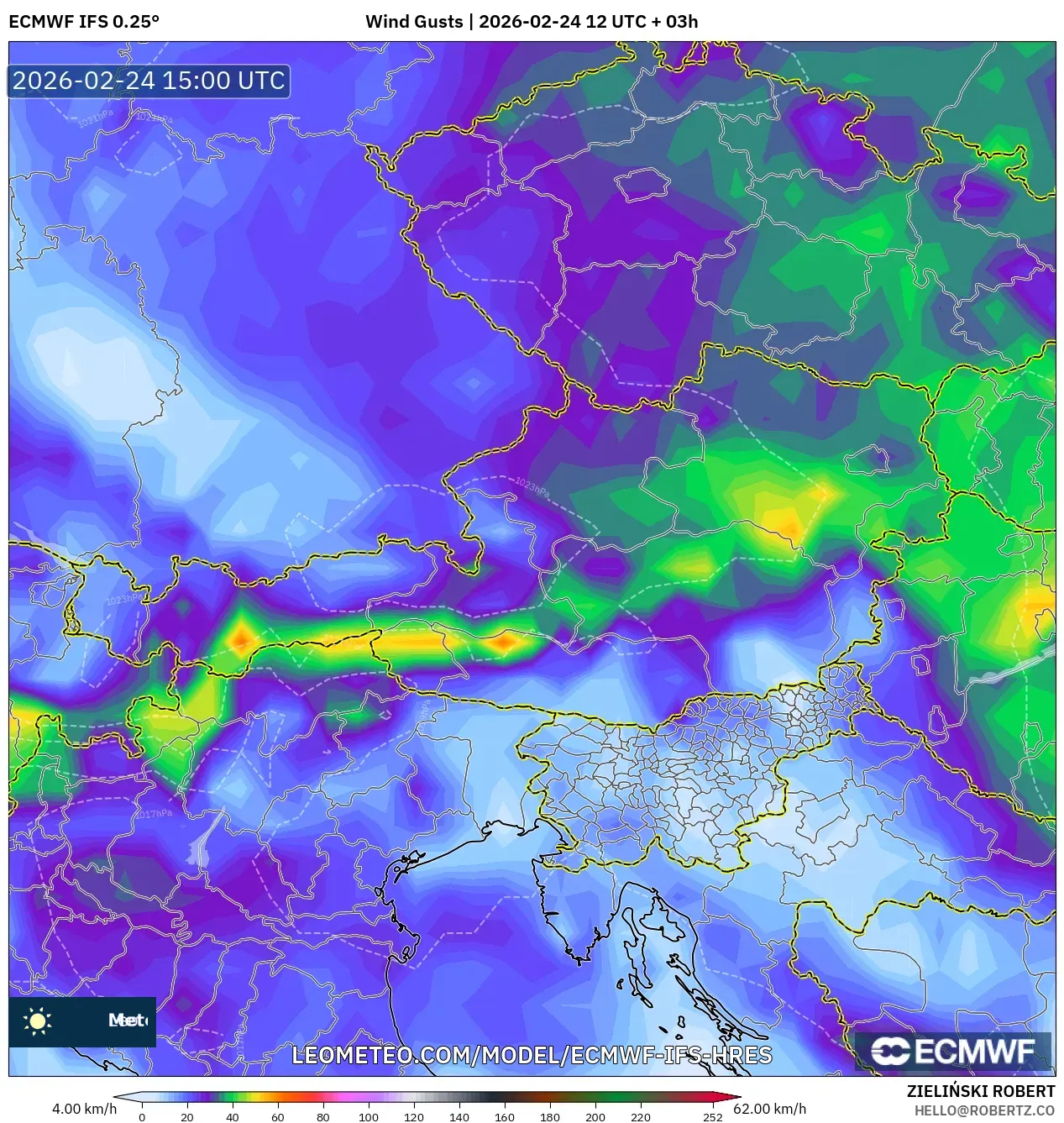 ECMWF IFS 0.25° model - Austria, Wind Gusts