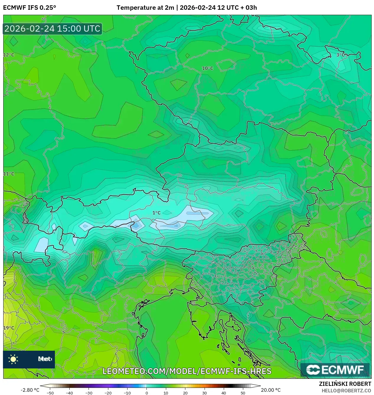 ECMWF IFS 0.25° model - Austria, Temperature at 2m