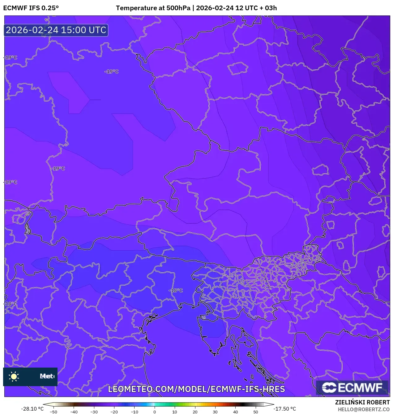 ECMWF IFS 0.25° model - Austria, Temperature at 500hPa