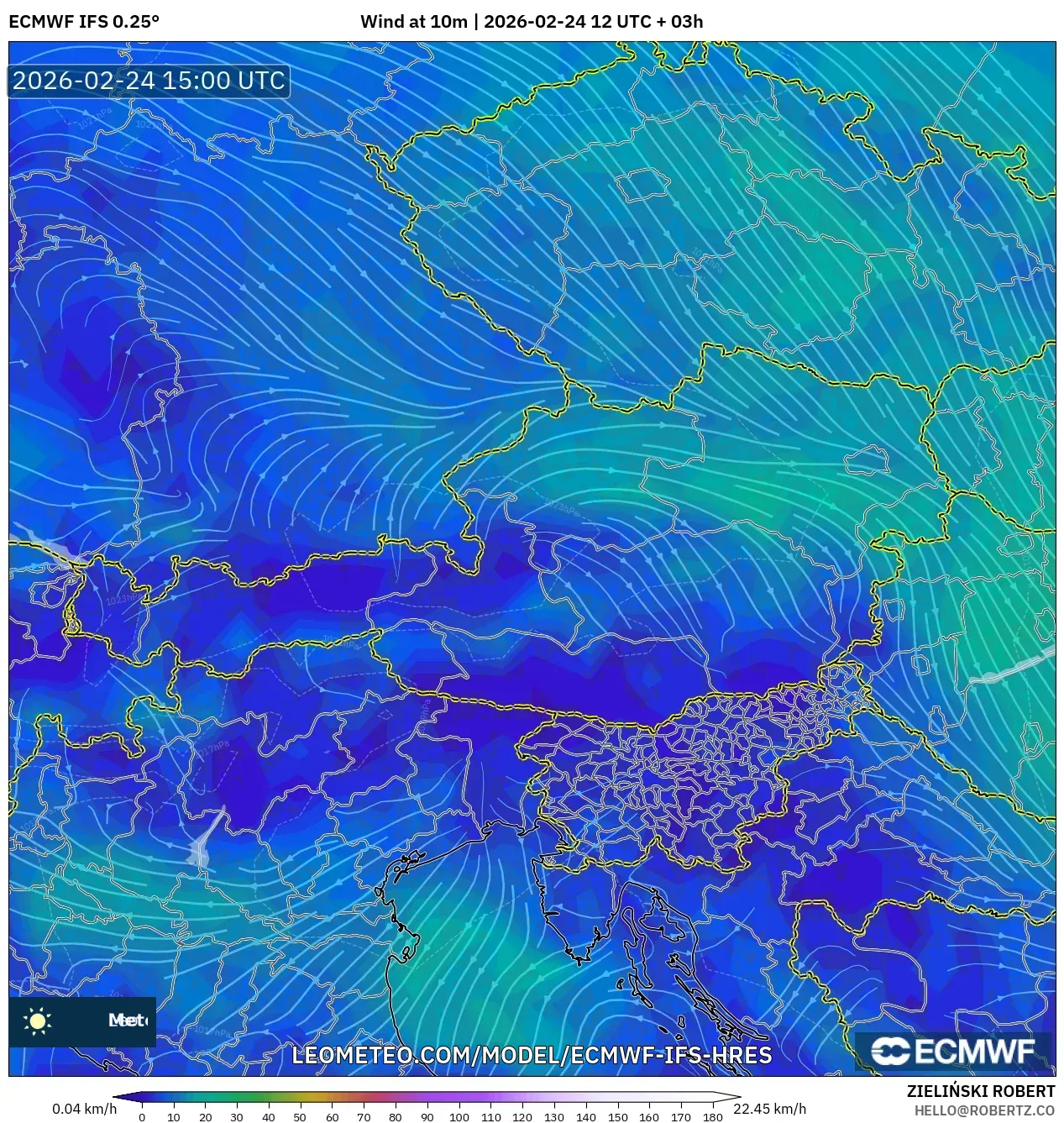 ECMWF IFS 0.25° model - Austria, Wind at 10m