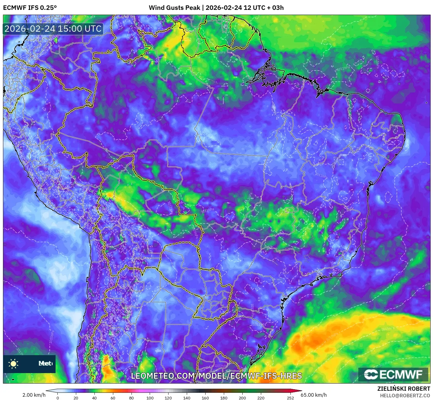 ECMWF IFS 0.25° model - Brazil, Wind Gusts Peak