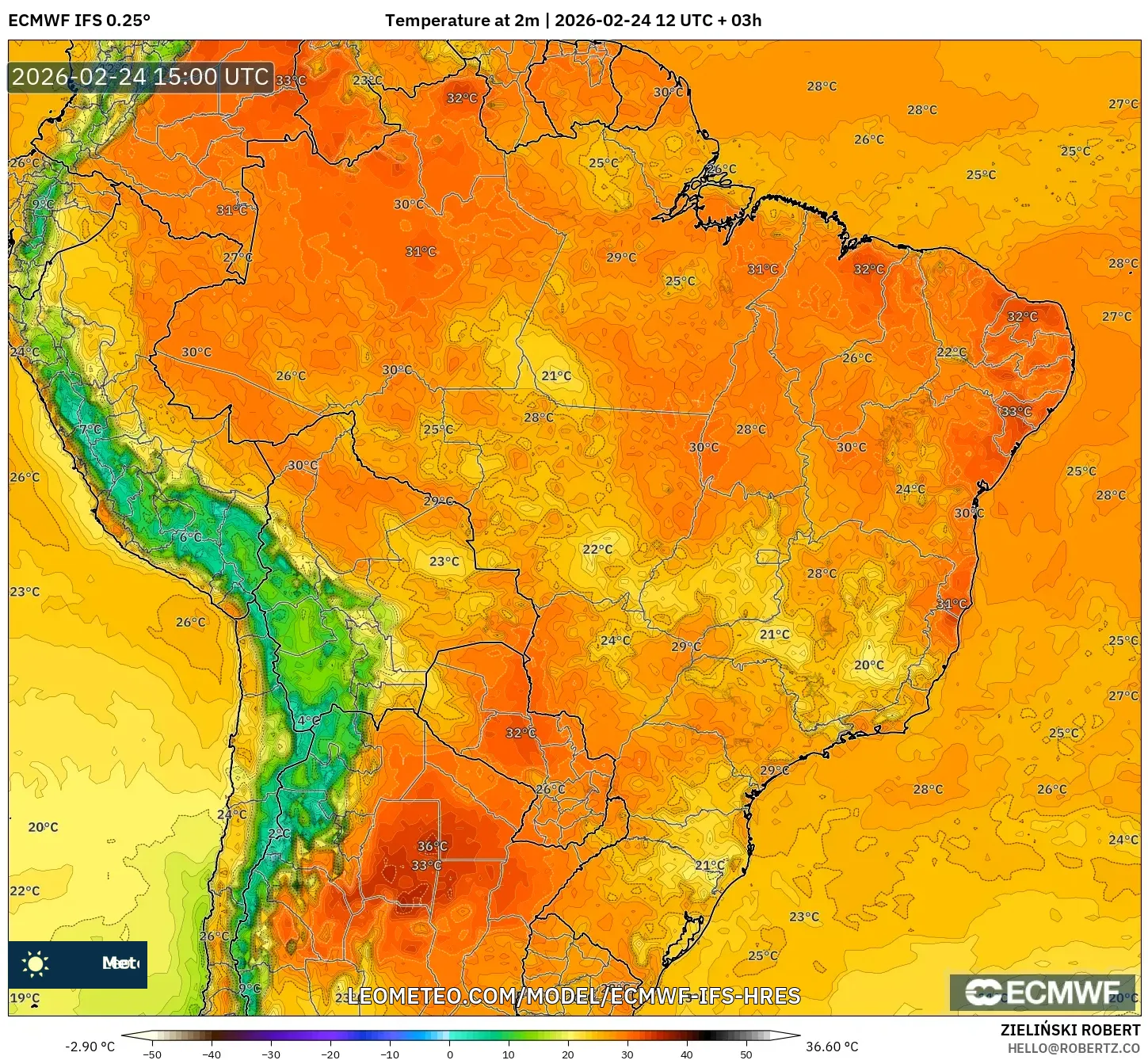 ECMWF IFS 0.25° model - Brazil, Temperature at 2m