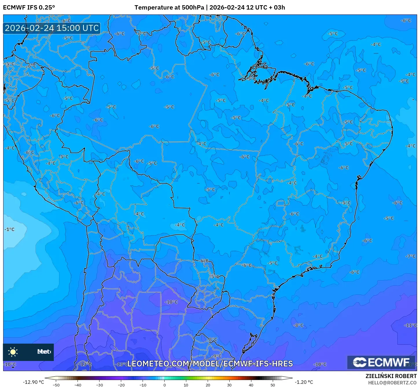 ECMWF IFS 0.25° model - Brazil, Temperature at 500hPa