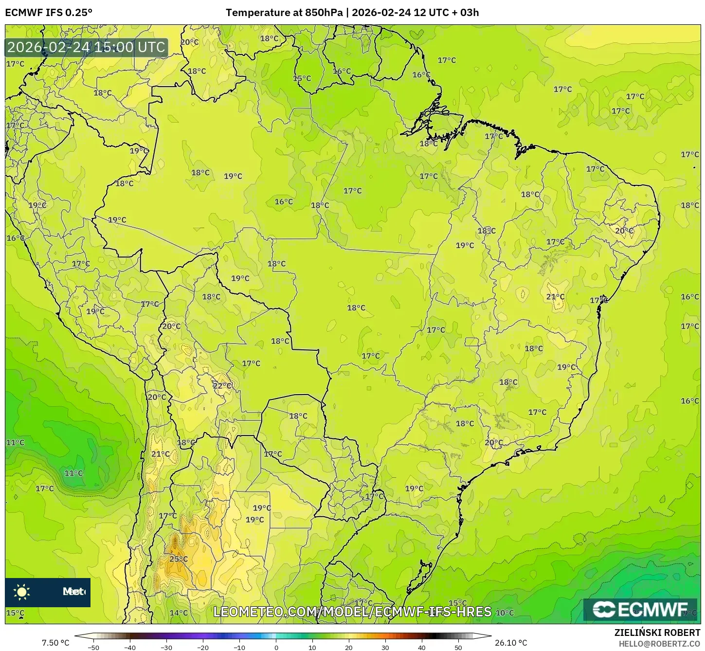 ECMWF IFS 0.25° model - Brazil, Temperature at 850hPa