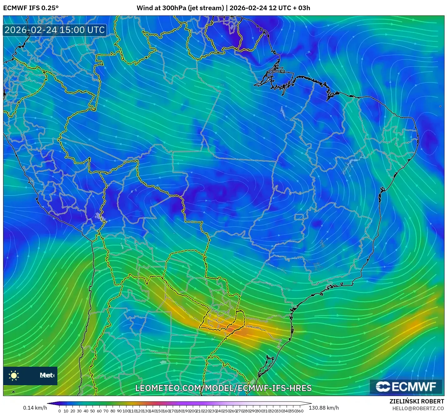 ECMWF IFS 0.25° model - Brazil, Wind at 300hPa (jet stream)