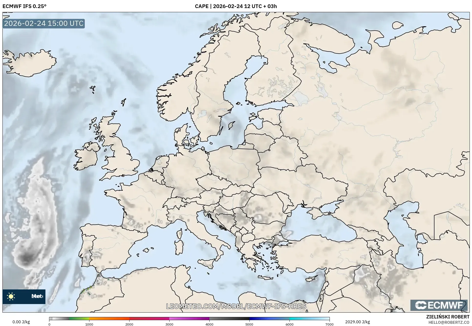 ECMWF IFS 0.25° model - Europe, CAPE